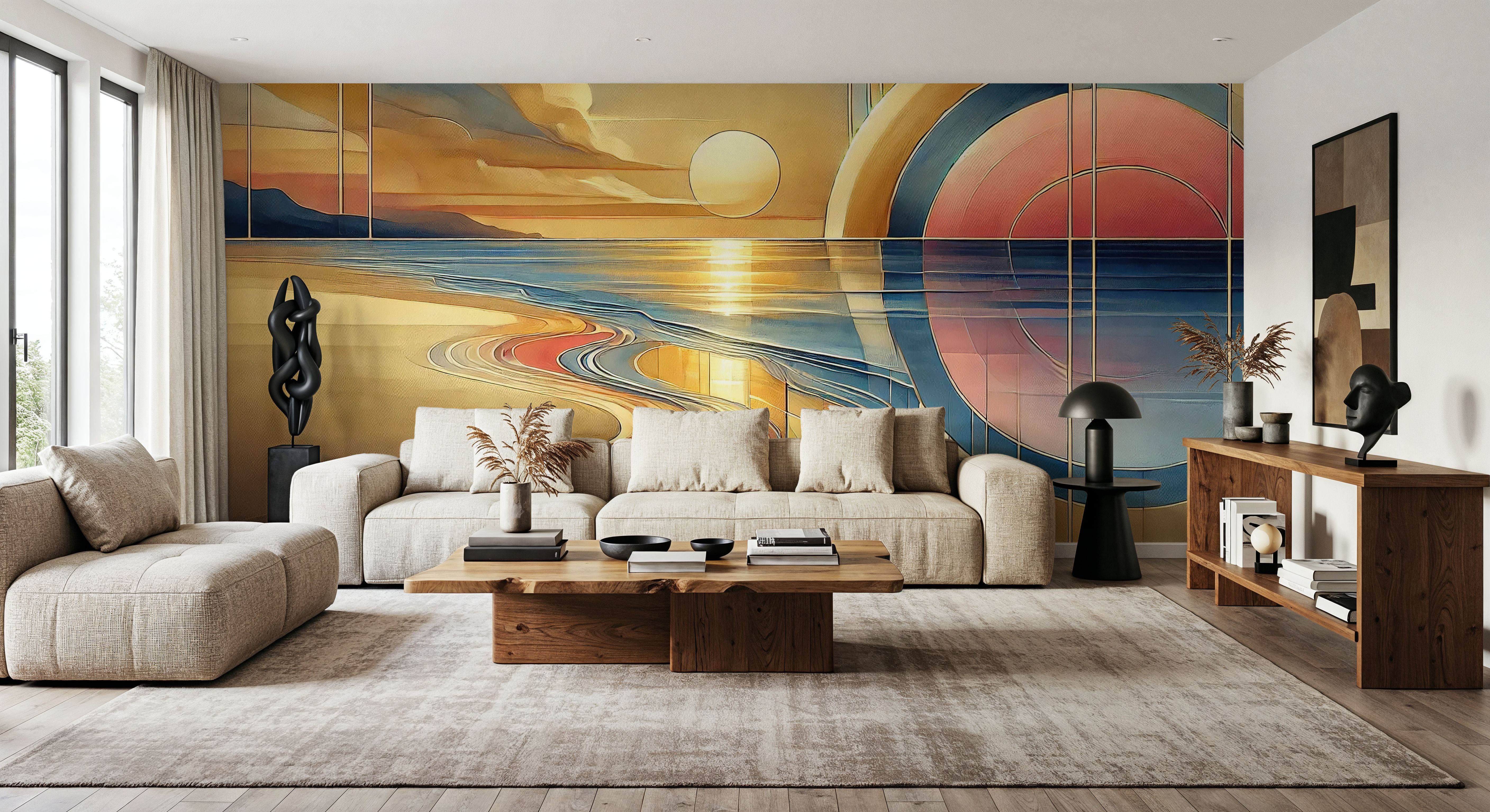 Sundown Serenity Scene in Art Deco, Wallpaper