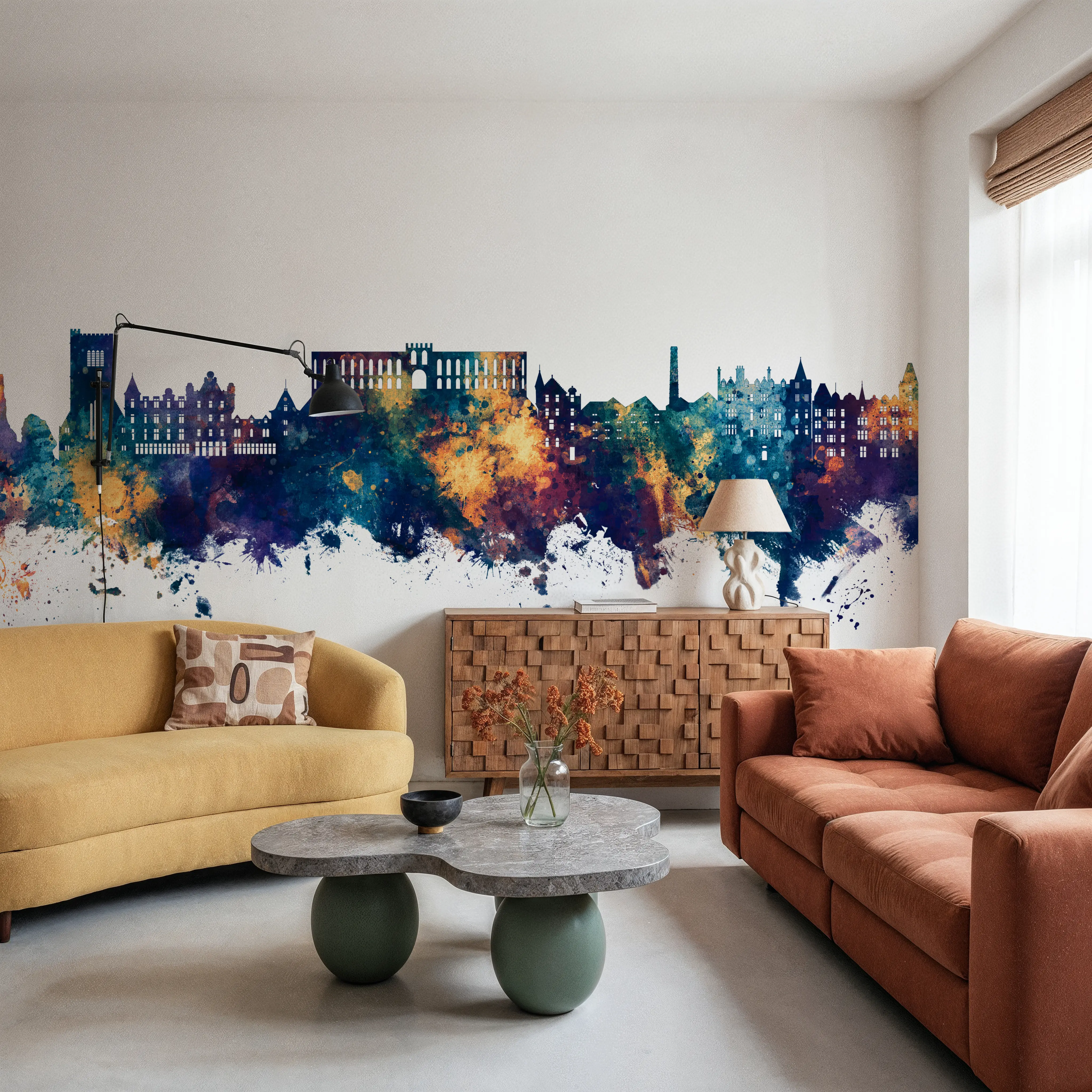 Papier Peint Panoramique - Oban Scotland Skyline Blue & Bronze - Graphiques - Bureaux - Wallism Belgique - Encollage au mur ou Autocollant