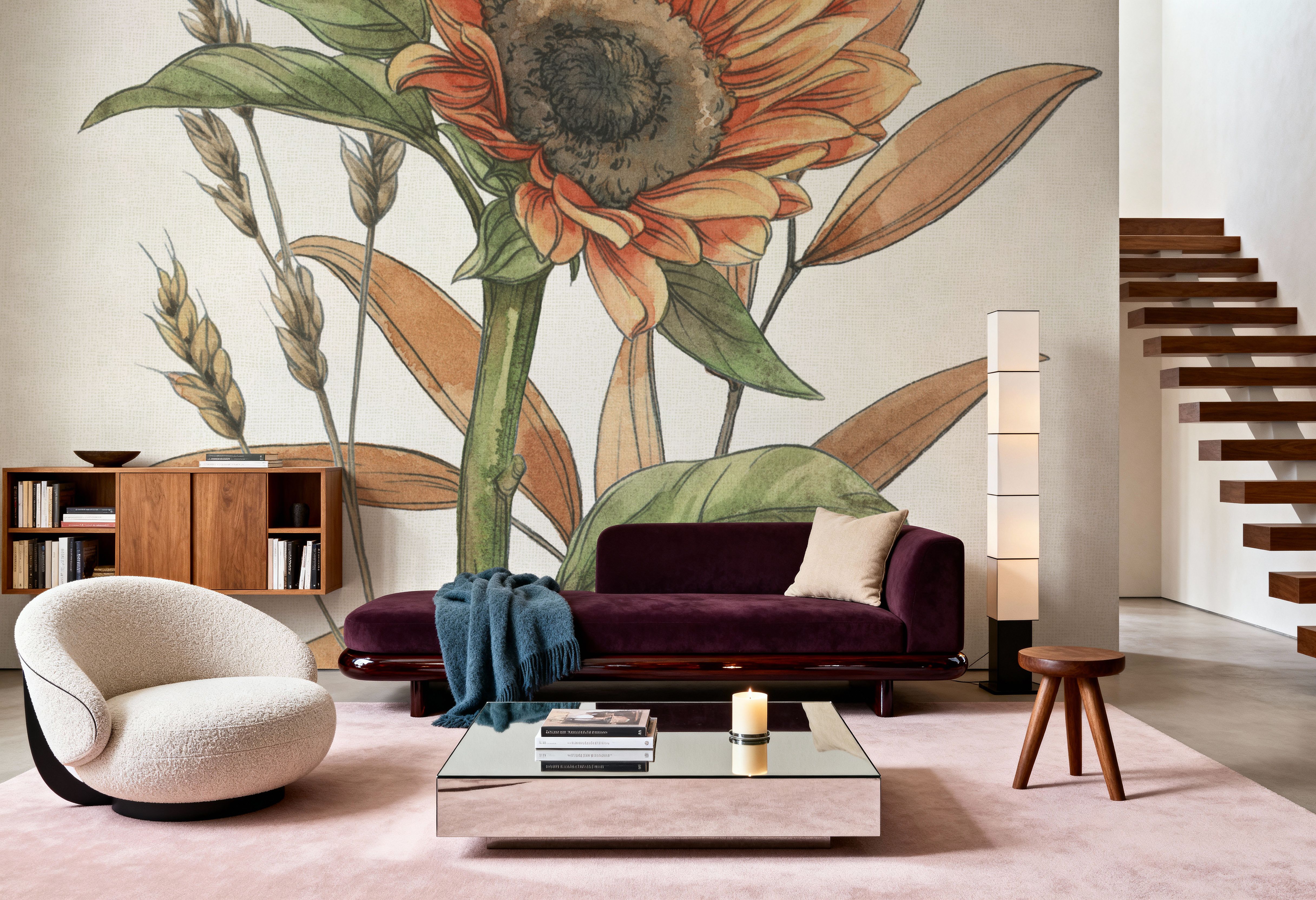 Papier Peint Panoramique - Harvest Home VII - Oiseaux Nature - Orange - Salle à manger - Wallism Belgique - Encollage au mur ou Autocollant