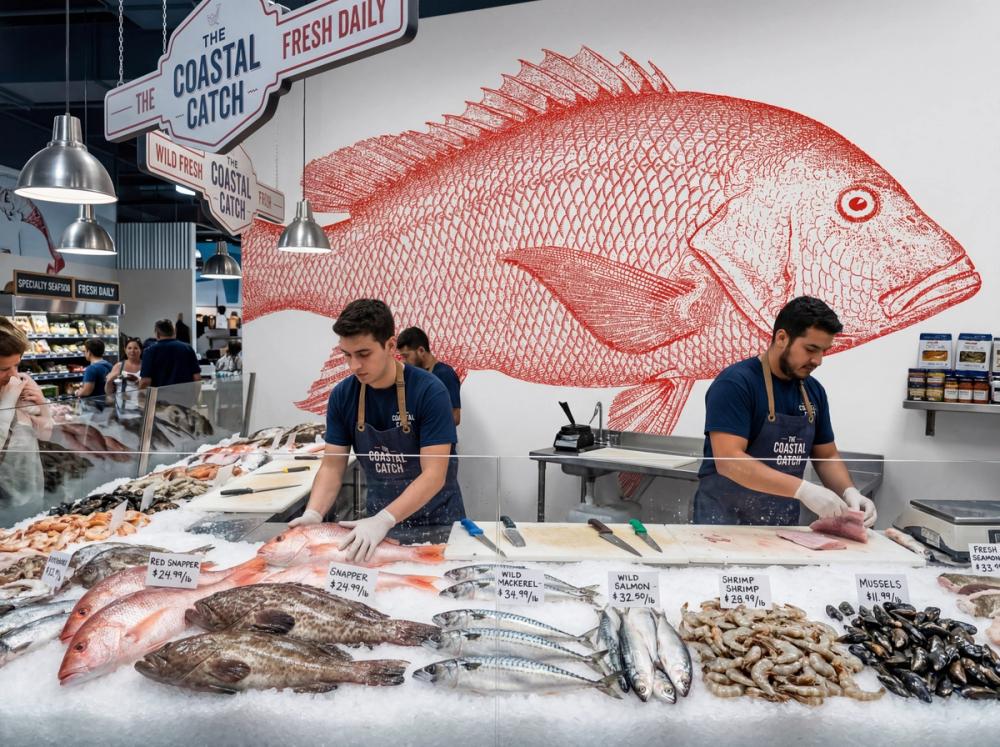 an interior photo of a fish counter at a grocery store with a red snapper wallpaper mural on the wall