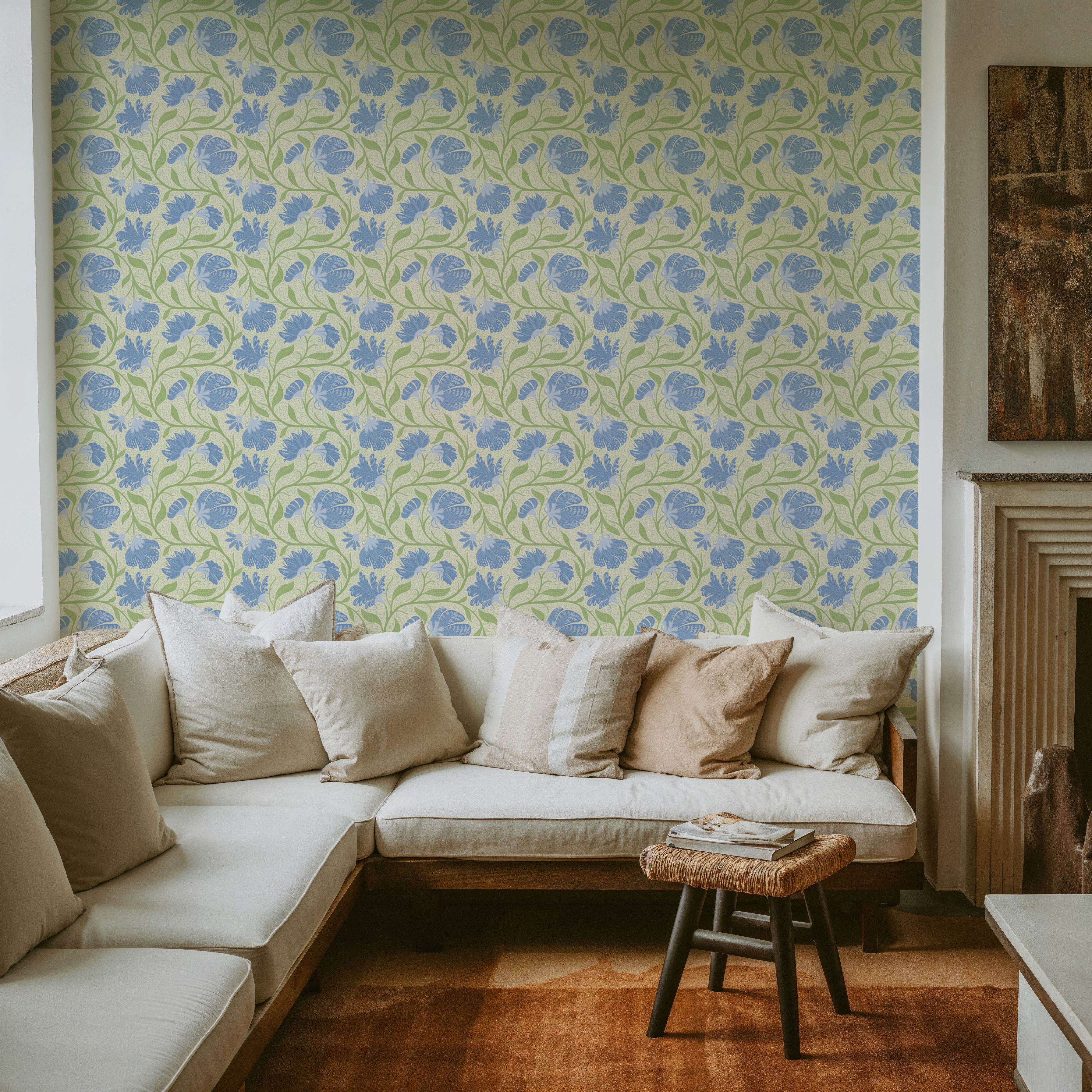 Indial Floral, Baby Blue on Light Green, Papel de parede