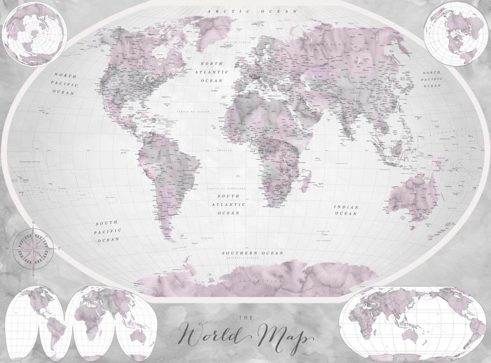 World Map Atlas Pink