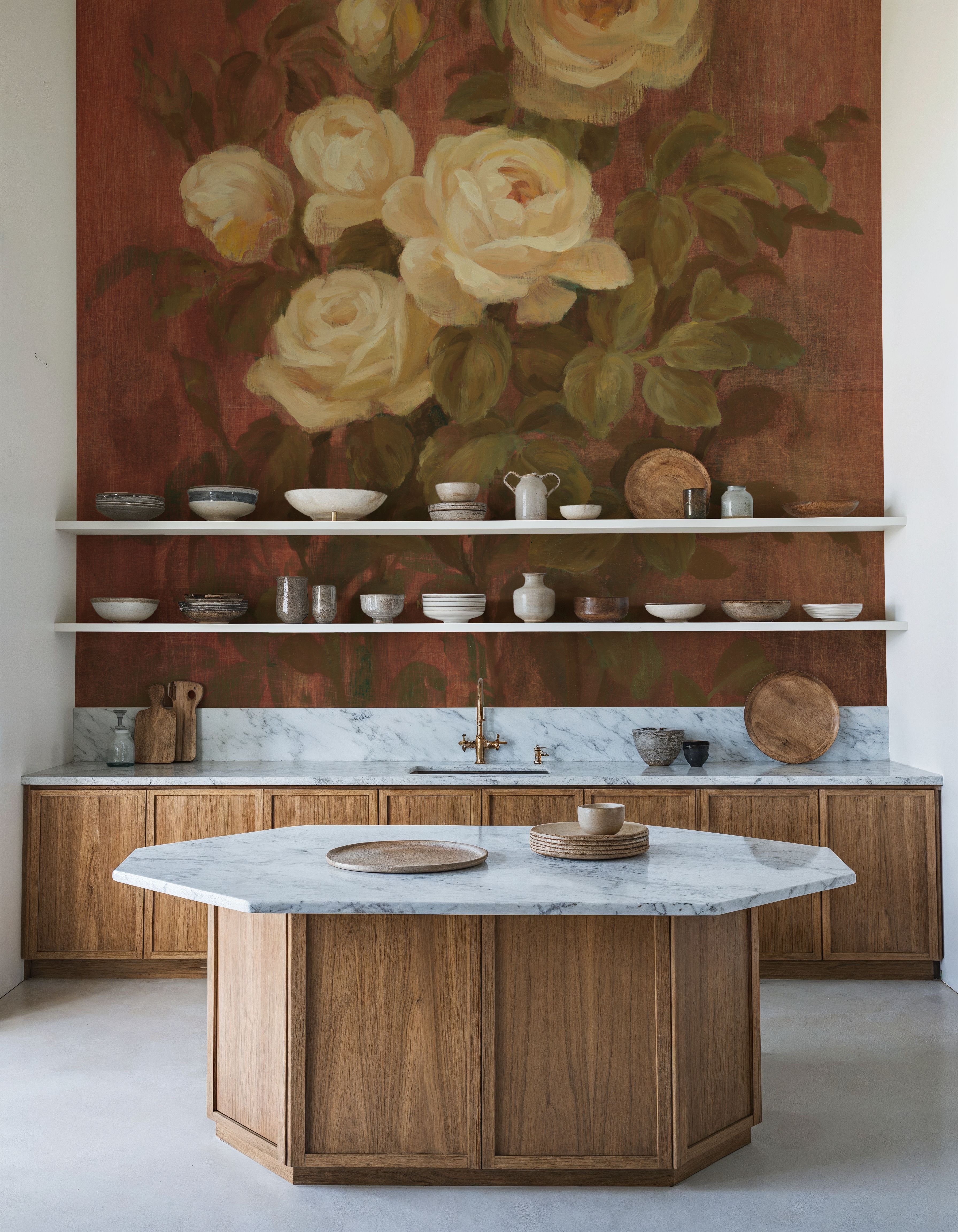 Peach Roses on Red