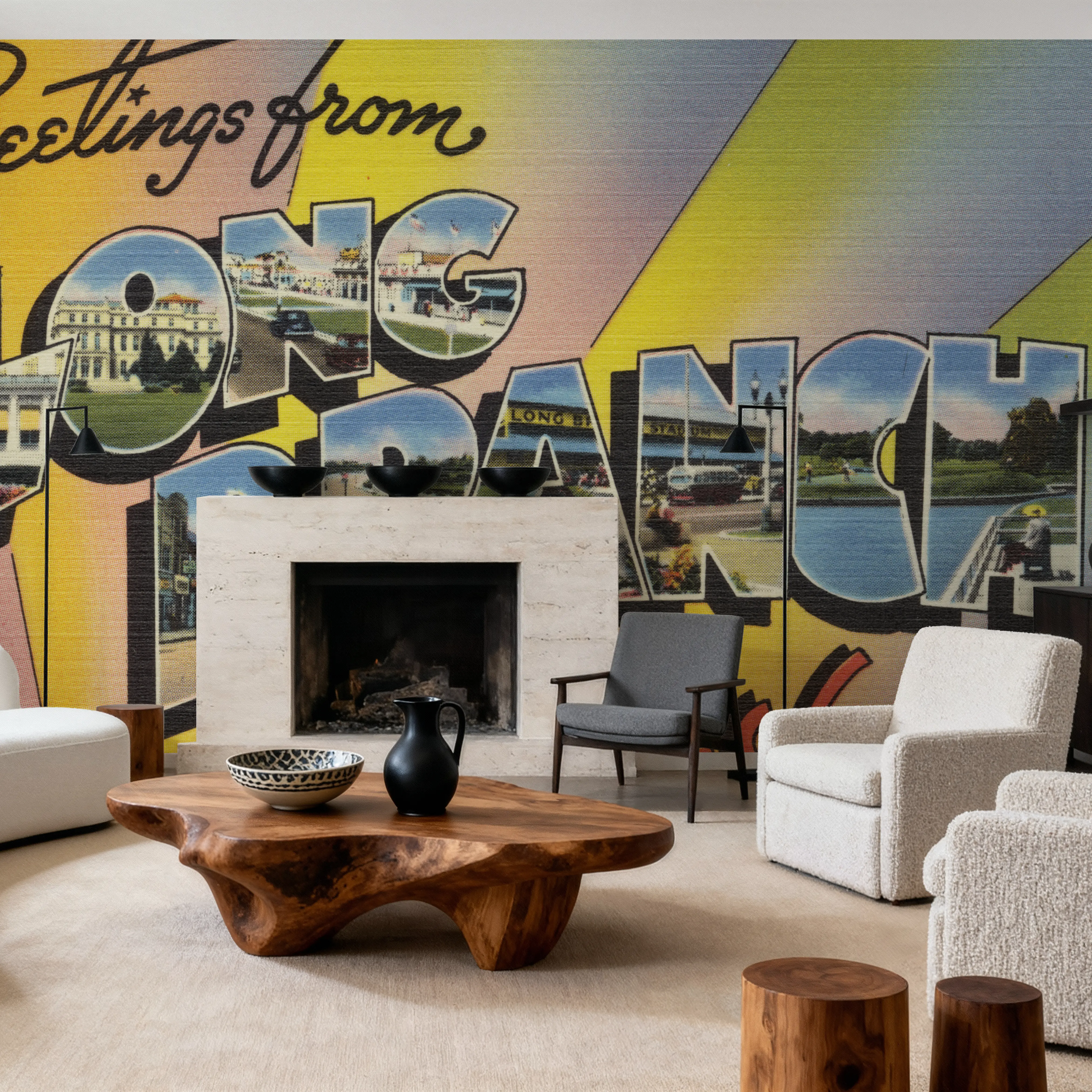 Wall Mural - Greetings from Long Branch - Screenprint Postcard - Holiday Travel & Landmarks mural wallpaper - Yellow - Hallway staircases - Wallism UK