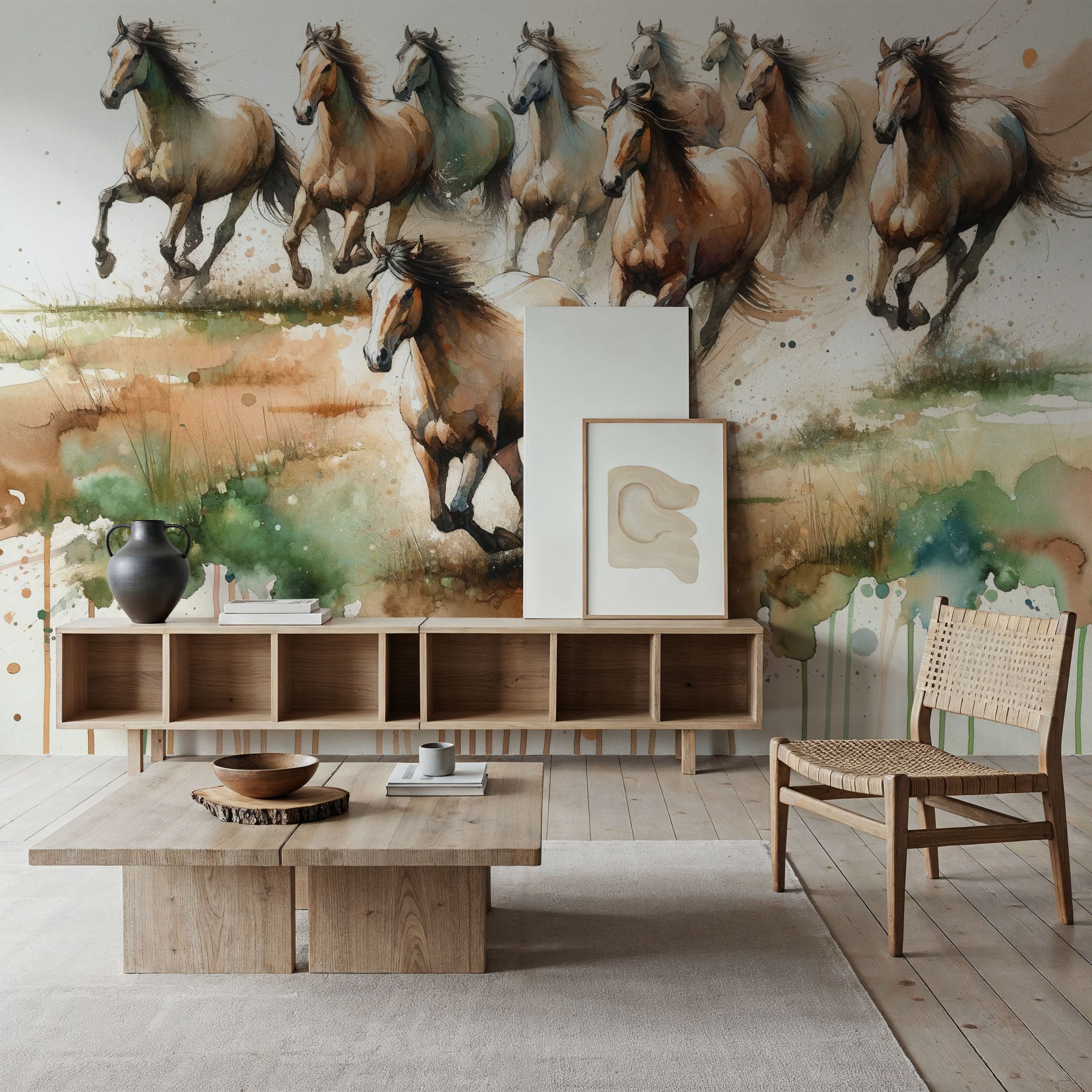 Horses Galloping Field Watercolor