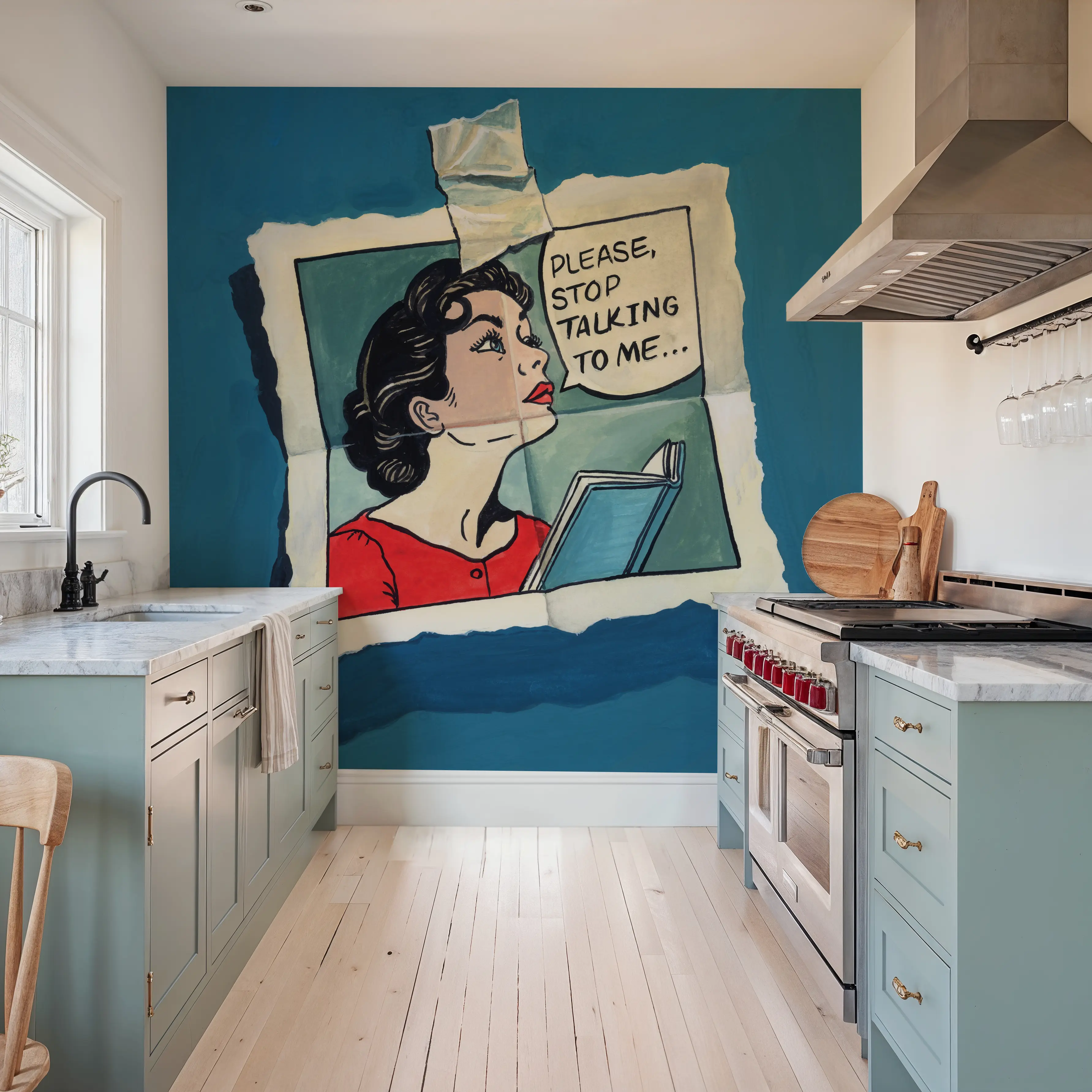 Fotobehang - Stop Talking To Me - Boeken Grafische Kunst Mural - Blauw - Eetkamer - Wallism België - Zelfklevend of Vliesbehang