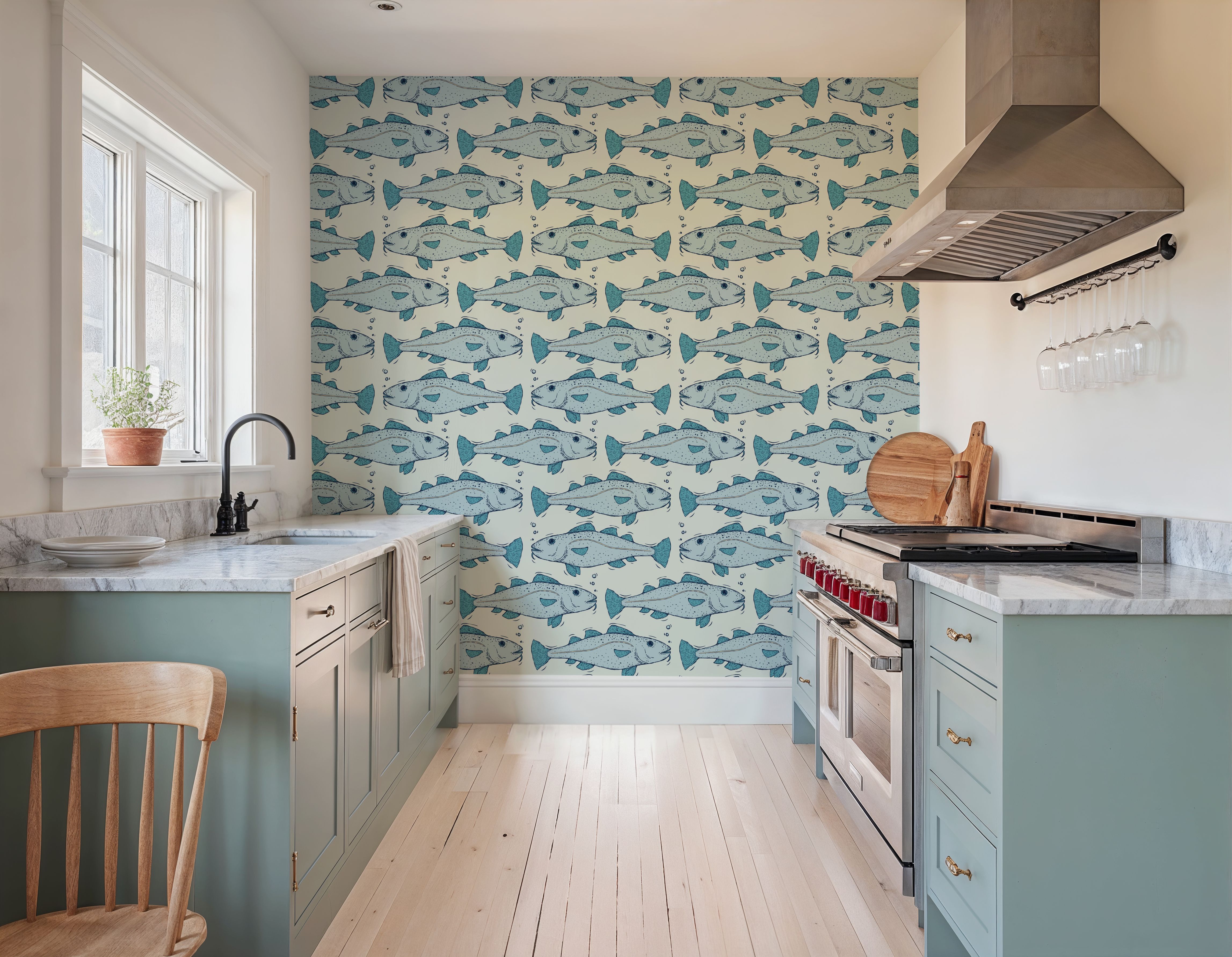 Behang - Codfish - Zee Dieren - Blauw - Woonkamer - Wallism Nederland - Zelfklevend of Vliesbehang