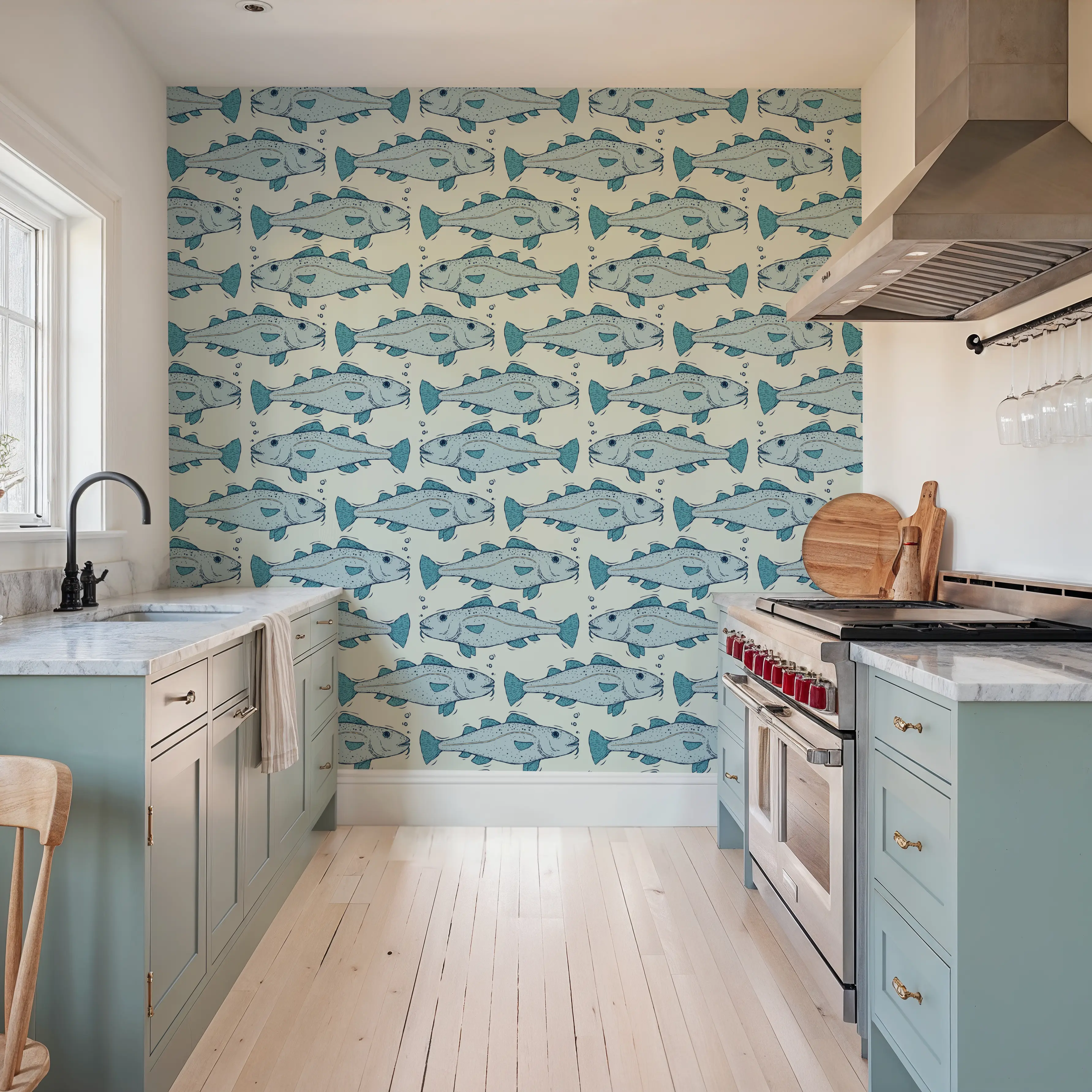 Behang - Codfish - Zee Dieren - Blauw - Woonkamer - Wallism Nederland - Zelfklevend of Vliesbehang