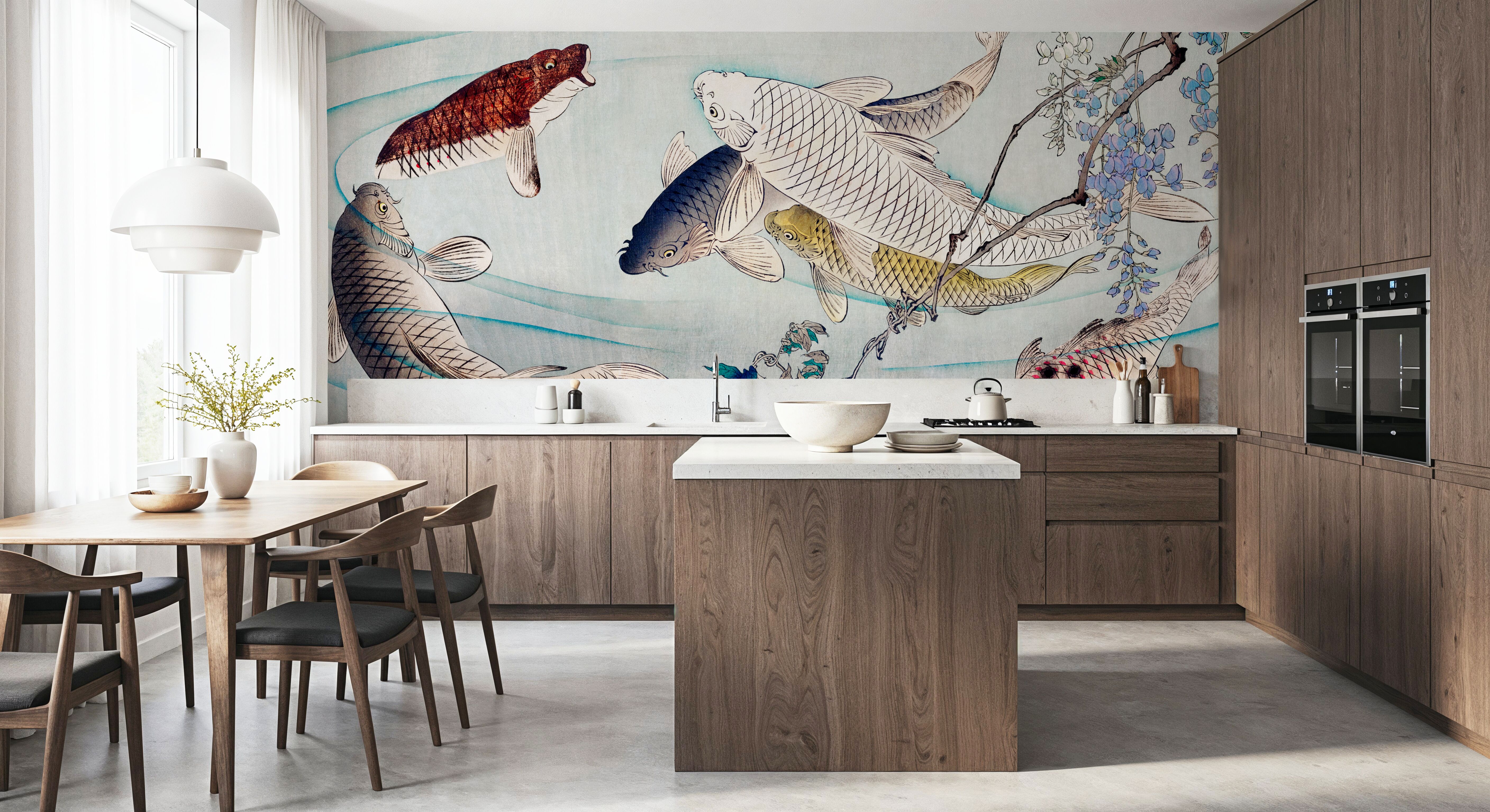 Six Carp Swimming Beneath Wisteria