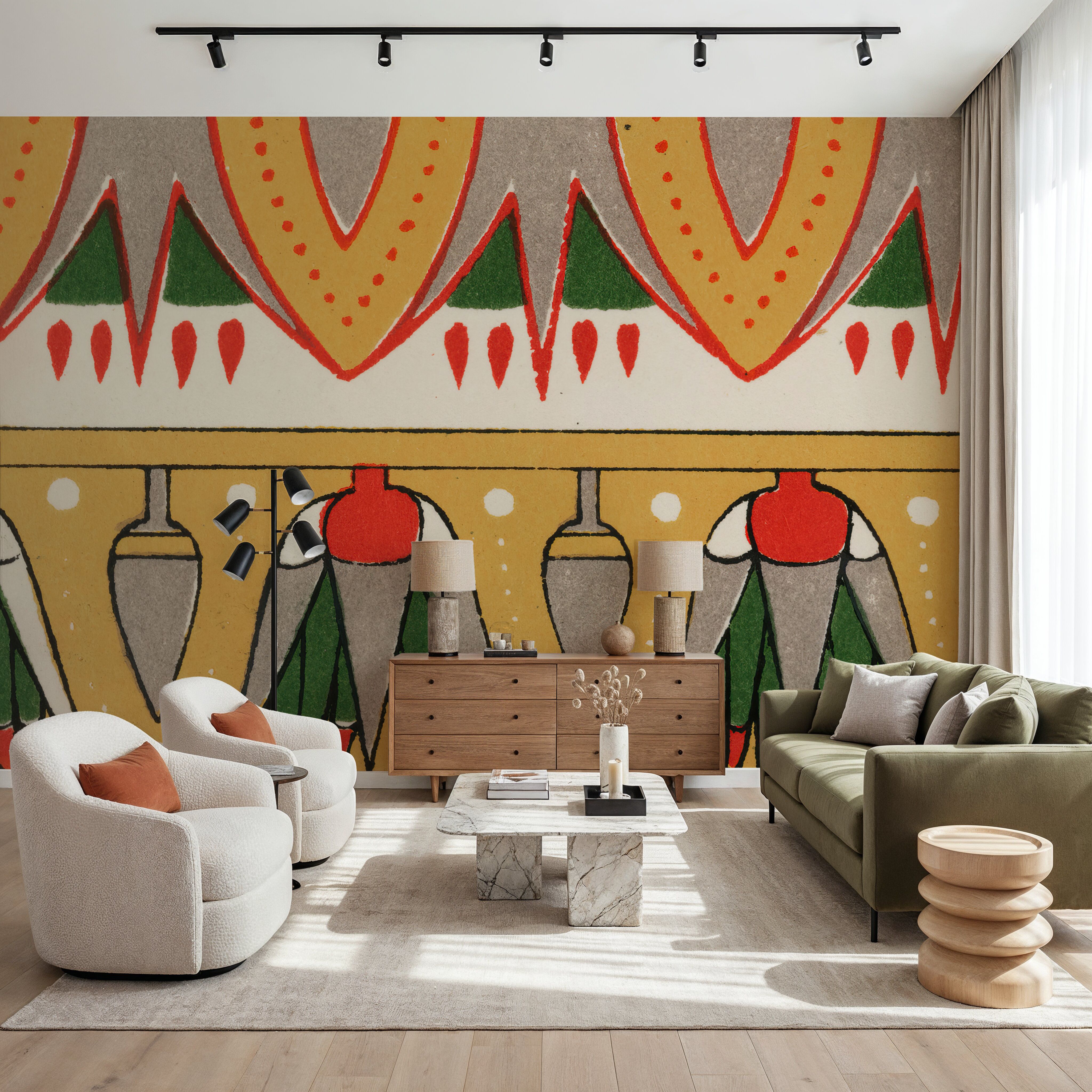 Wall Mural - Egyptian Ornaments - Bes - Folk Graphics mural wallpaper - Yellow - Living room - Wallism US - Premium, Textured or Peel & Stick