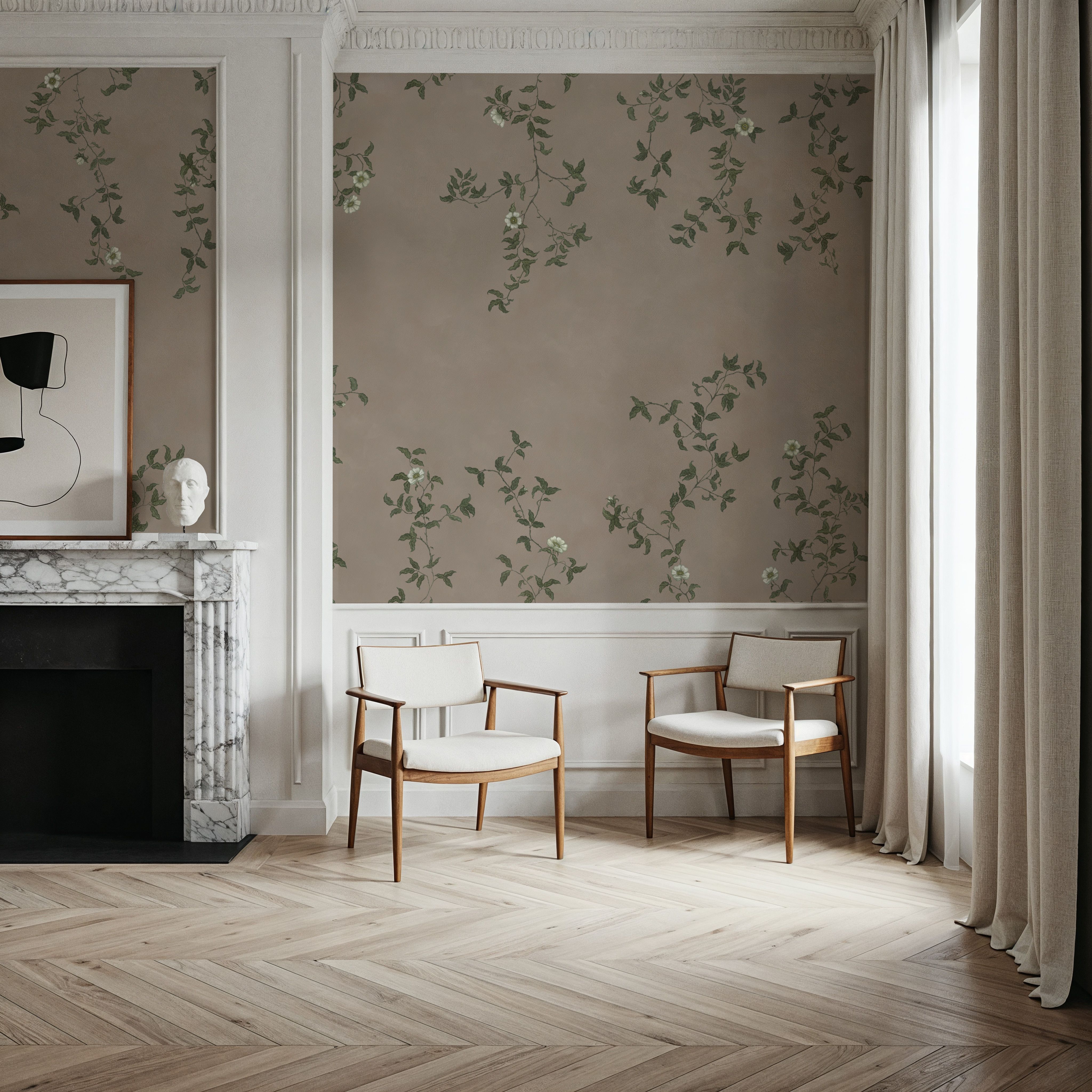 Rambling Rose, Ivory on Beige