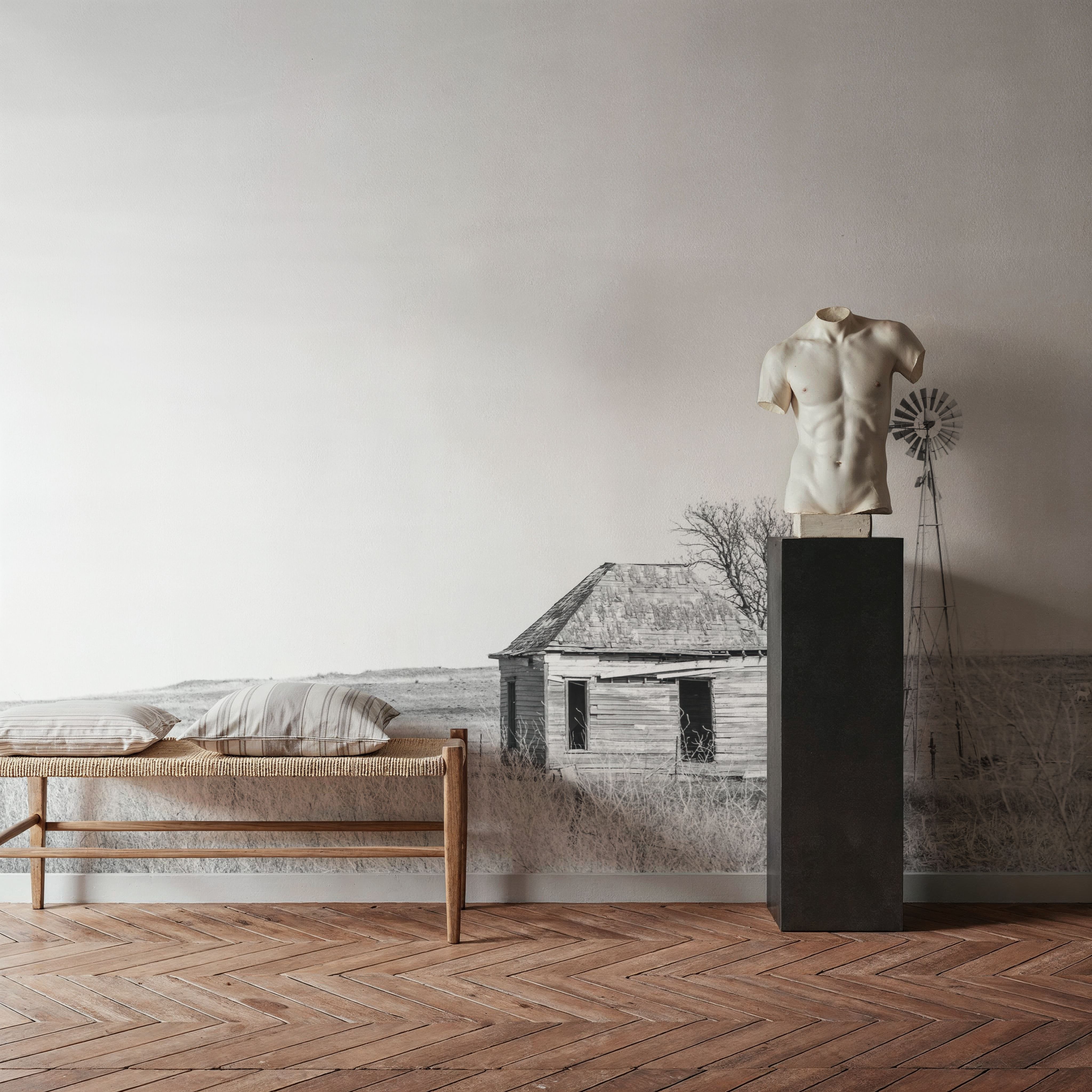 Wall Mural - Old Well BW - Farm Landscapes mural wallpaper - White - Living room - Wallism US - Premium, Textured or Peel & Stick