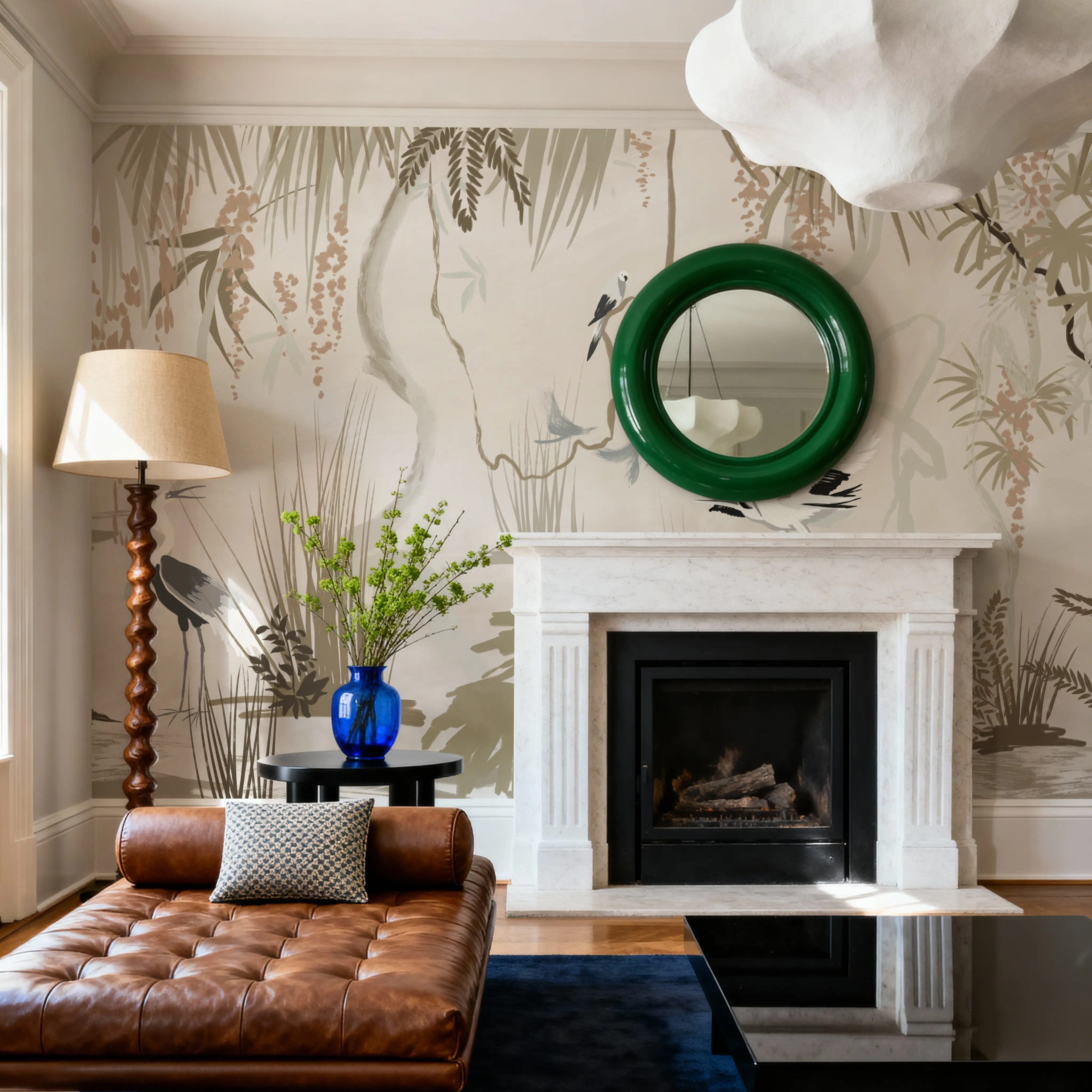 Wall Mural - Painted Herons Scenery, Beige - Birds Landscapes mural wallpaper - Brown - Dining Room - Wallism UK - Peel & Stick or Paste-the-Wall