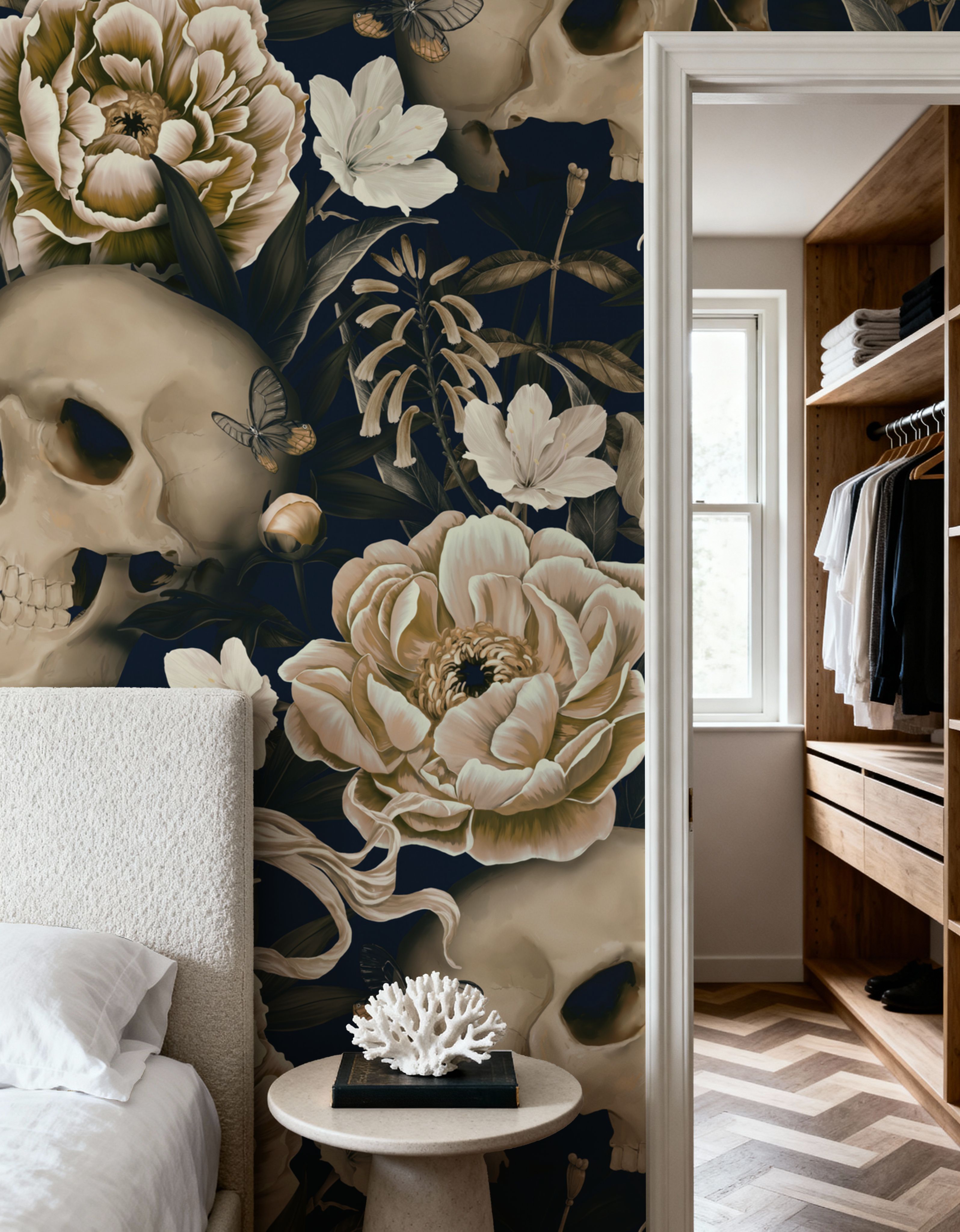 Peonies and Skulls Dark Blue