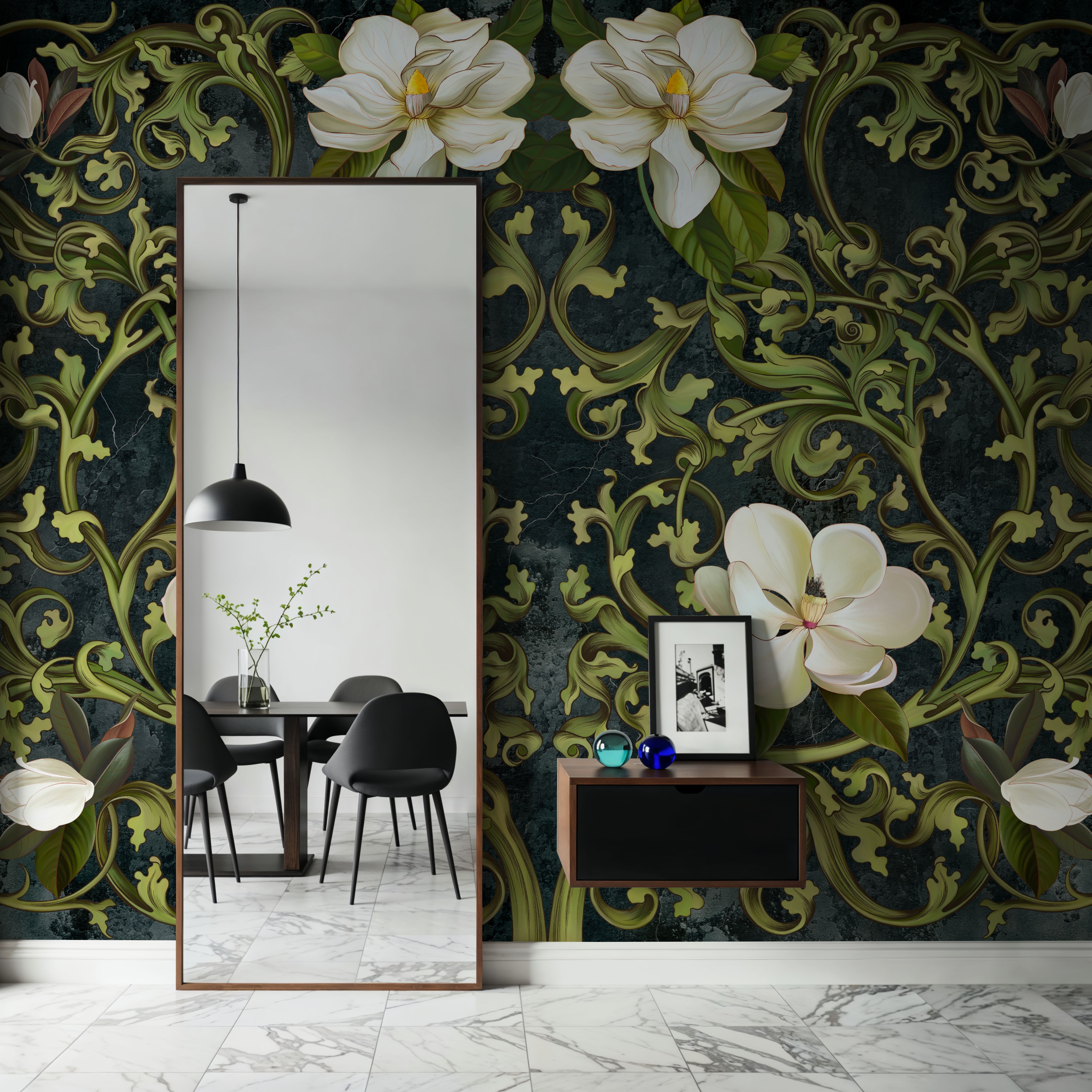 Wall Mural - The Gate Up Front - Chintz Nature mural wallpaper - Green - Living room - Wallism US - Premium, Textured or Peel & Stick