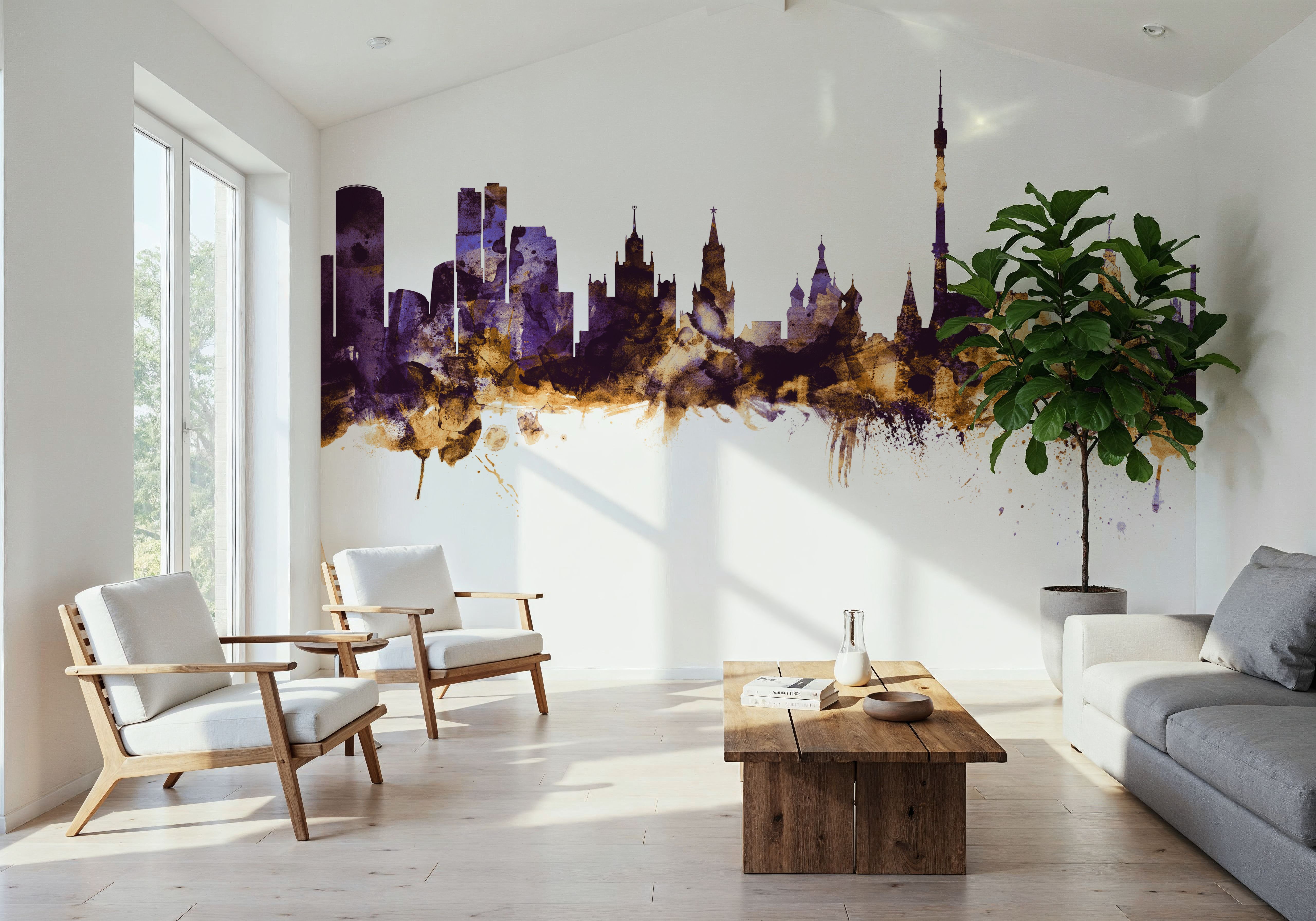 Moscow Russia Skyline Purple & Gold, Wallpaper