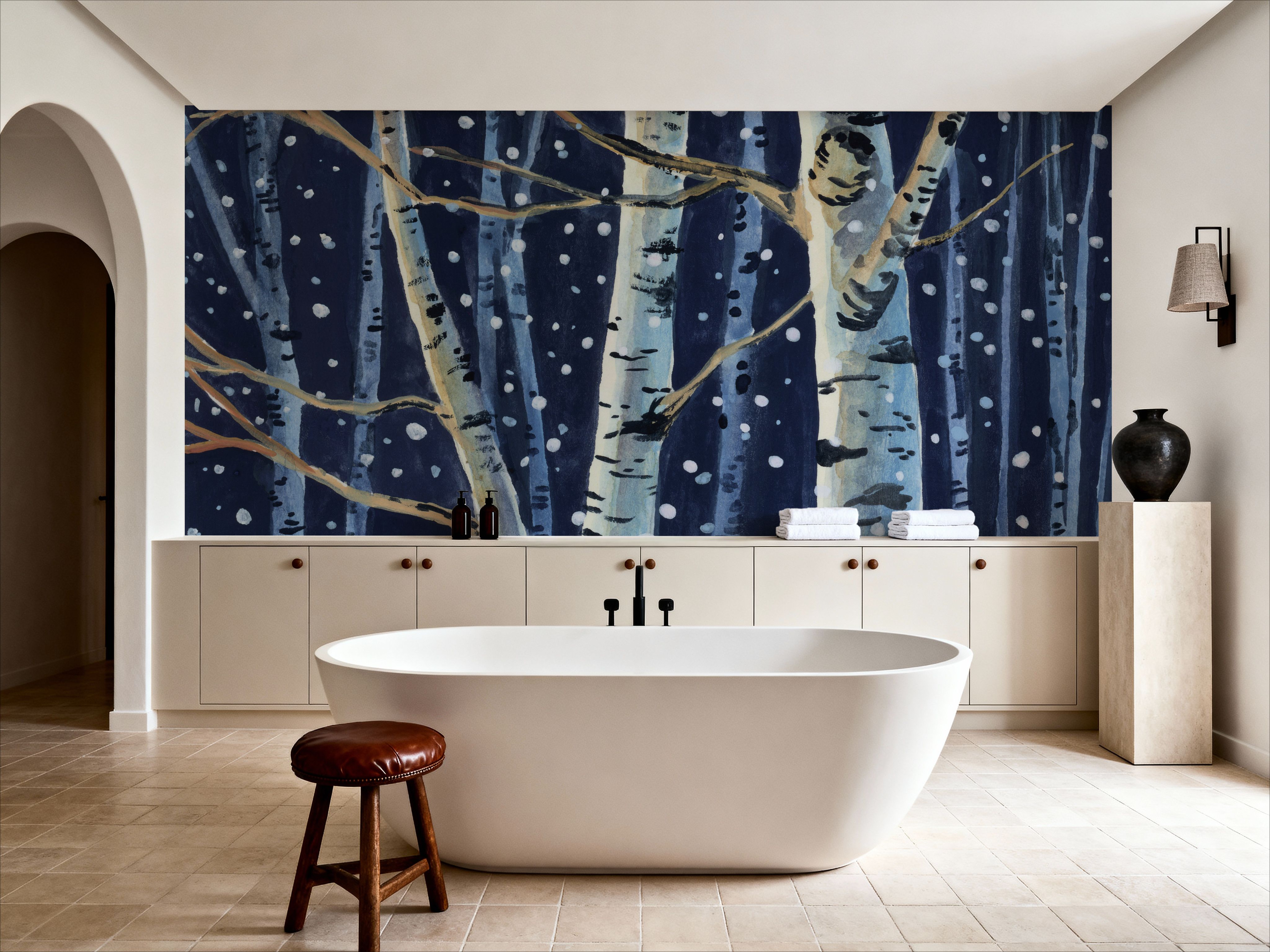 Snowy Birch Grove at Night