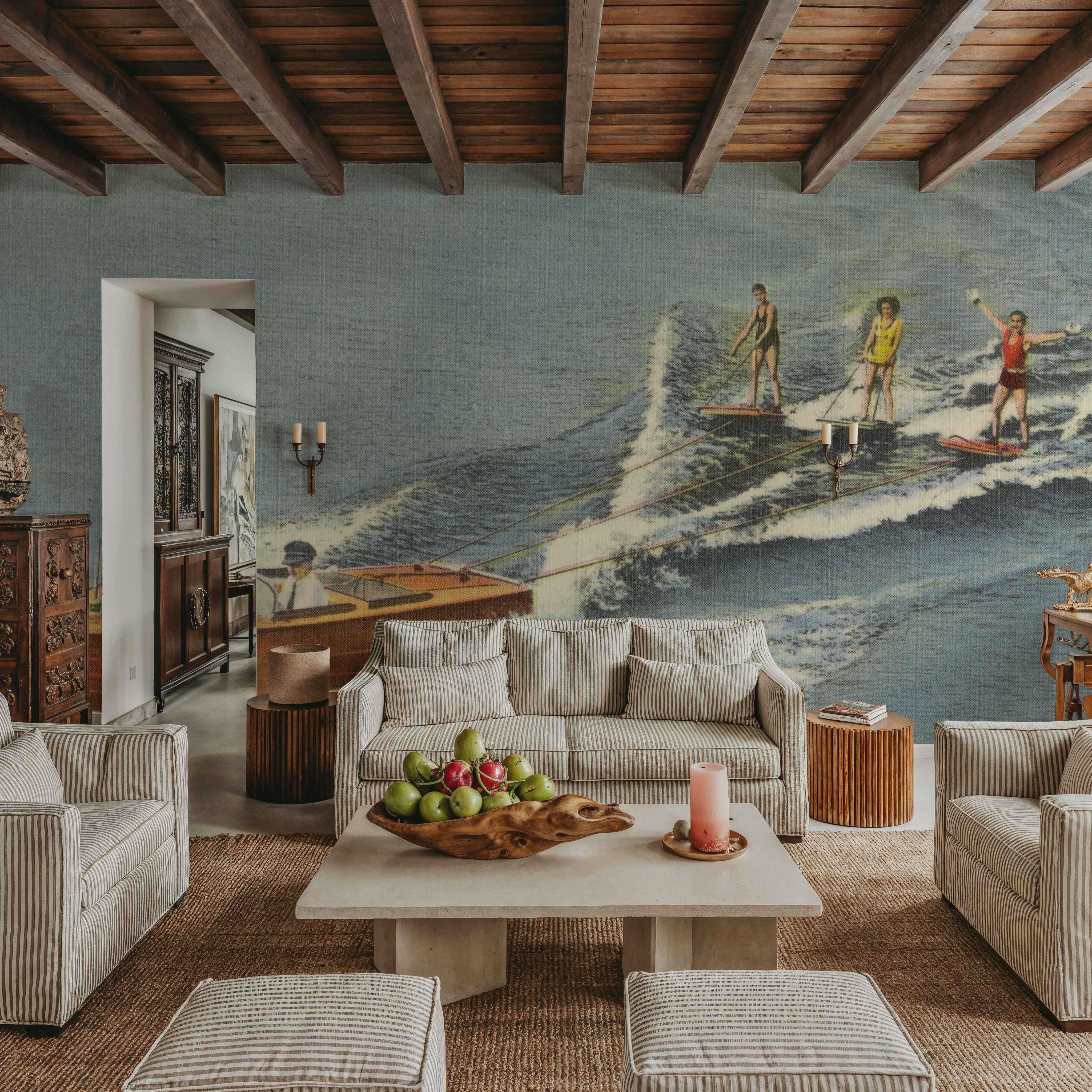 Papier Peint Panoramique - Greetings from Aquaplaning - Screenprint Postcard - Mer Paysages - Bleu - Salon - Wallism Belgique