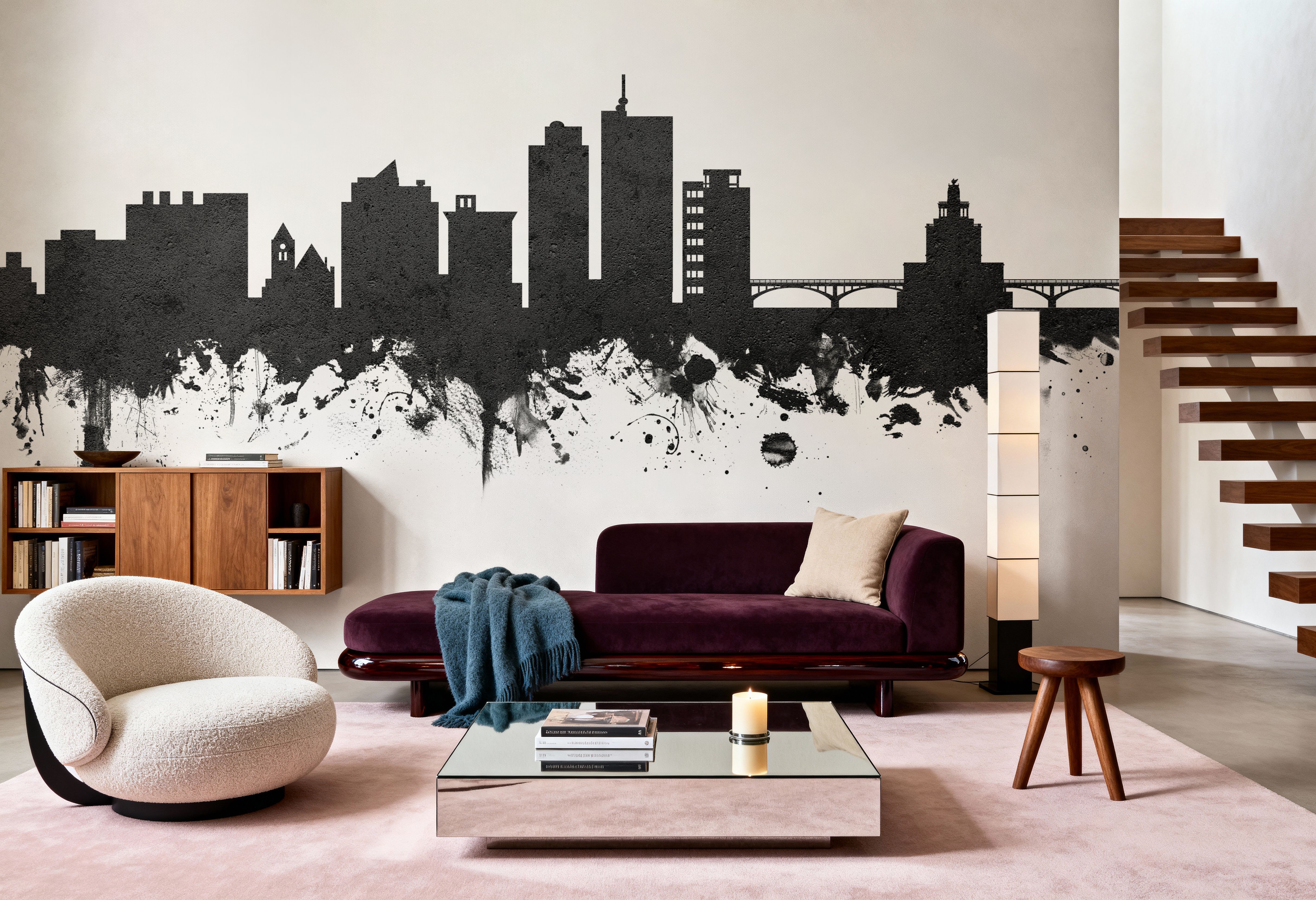 Wall Mural - Cedar Rapids Iowa Skyline Black & White - Living room - Wallism US - Premium, Textured or Peel & Stick