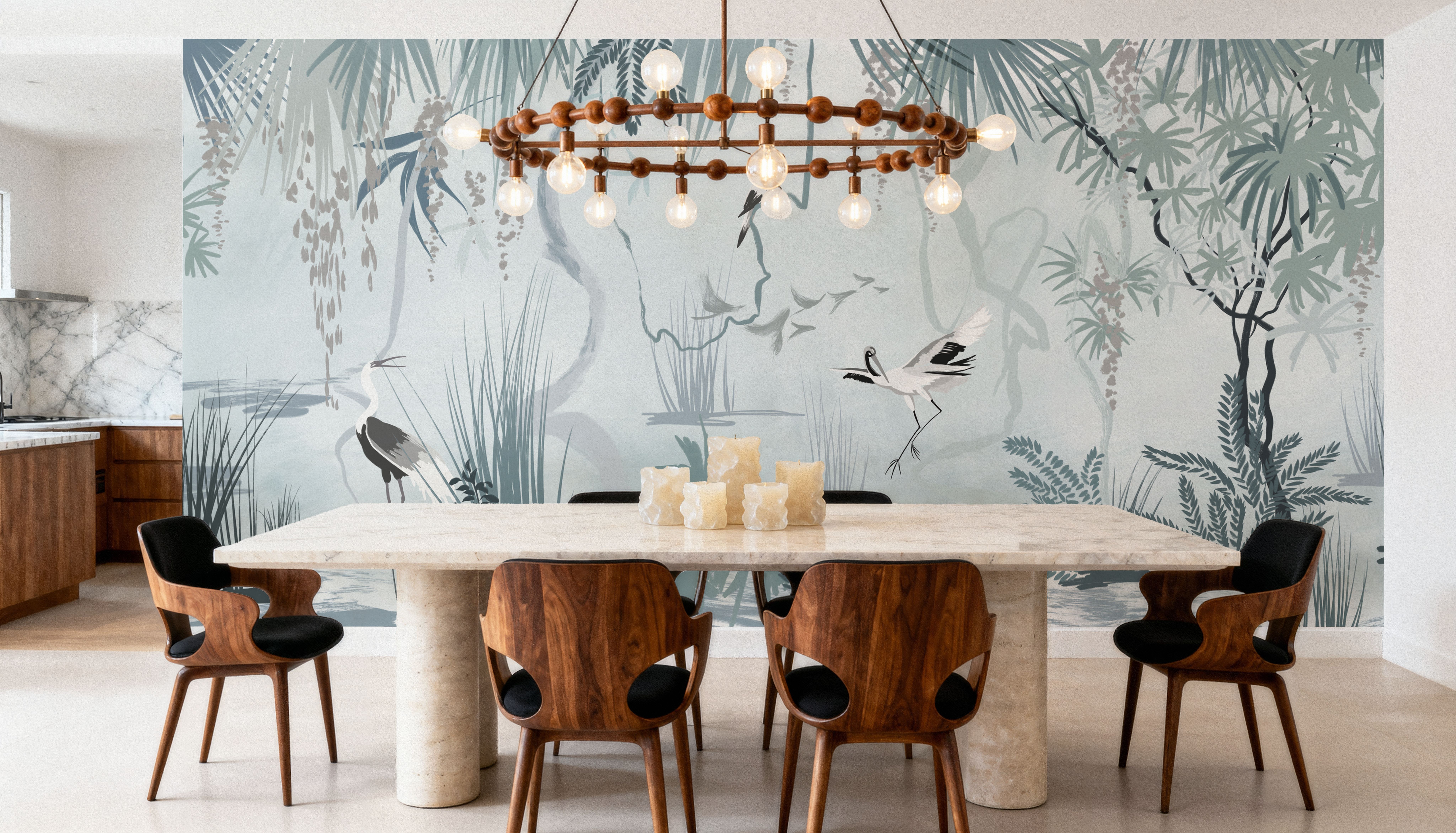 Painted Herons Scenery, Mineral Green, Wallpaper