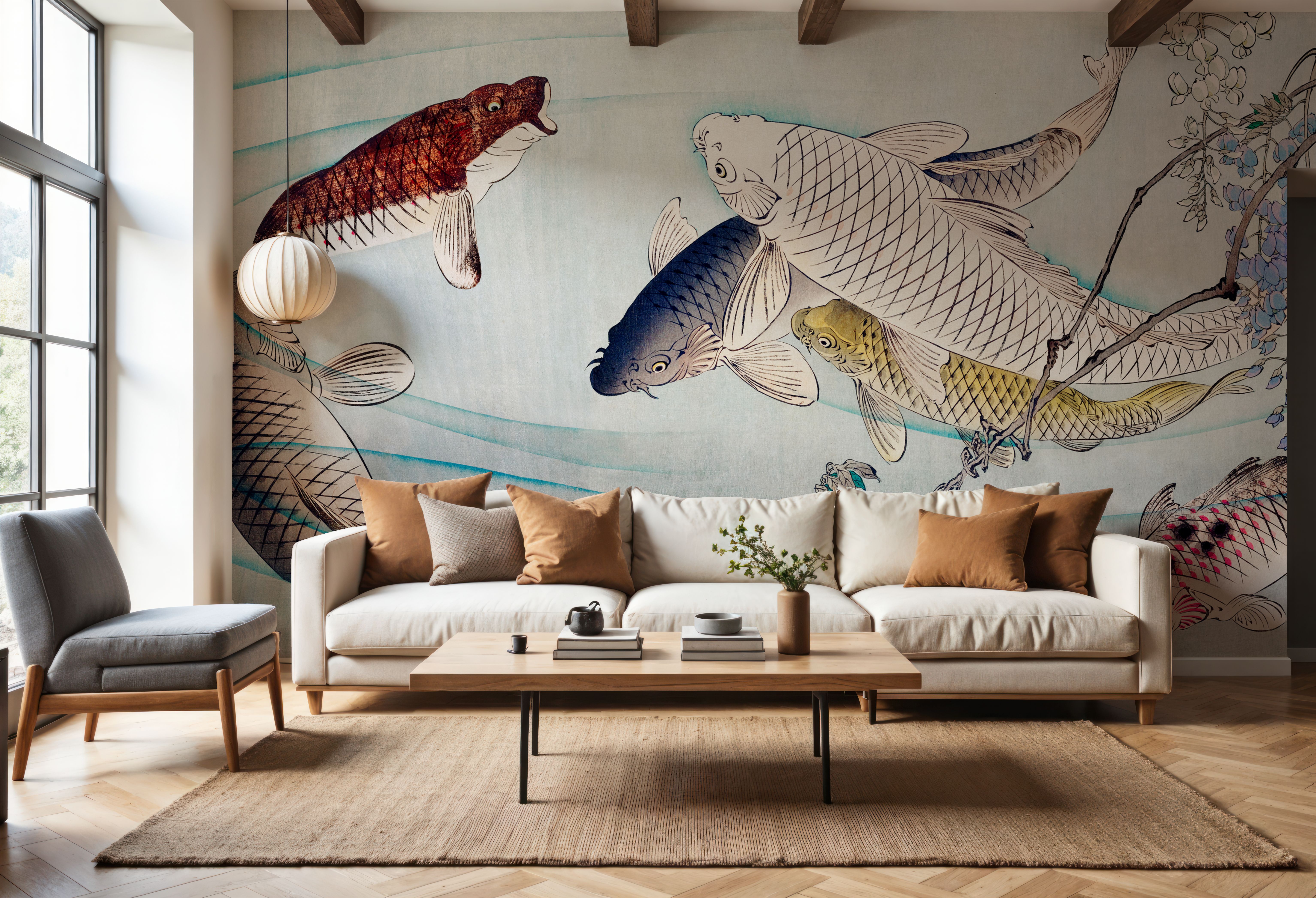 Six Carp Swimming Beneath Wisteria