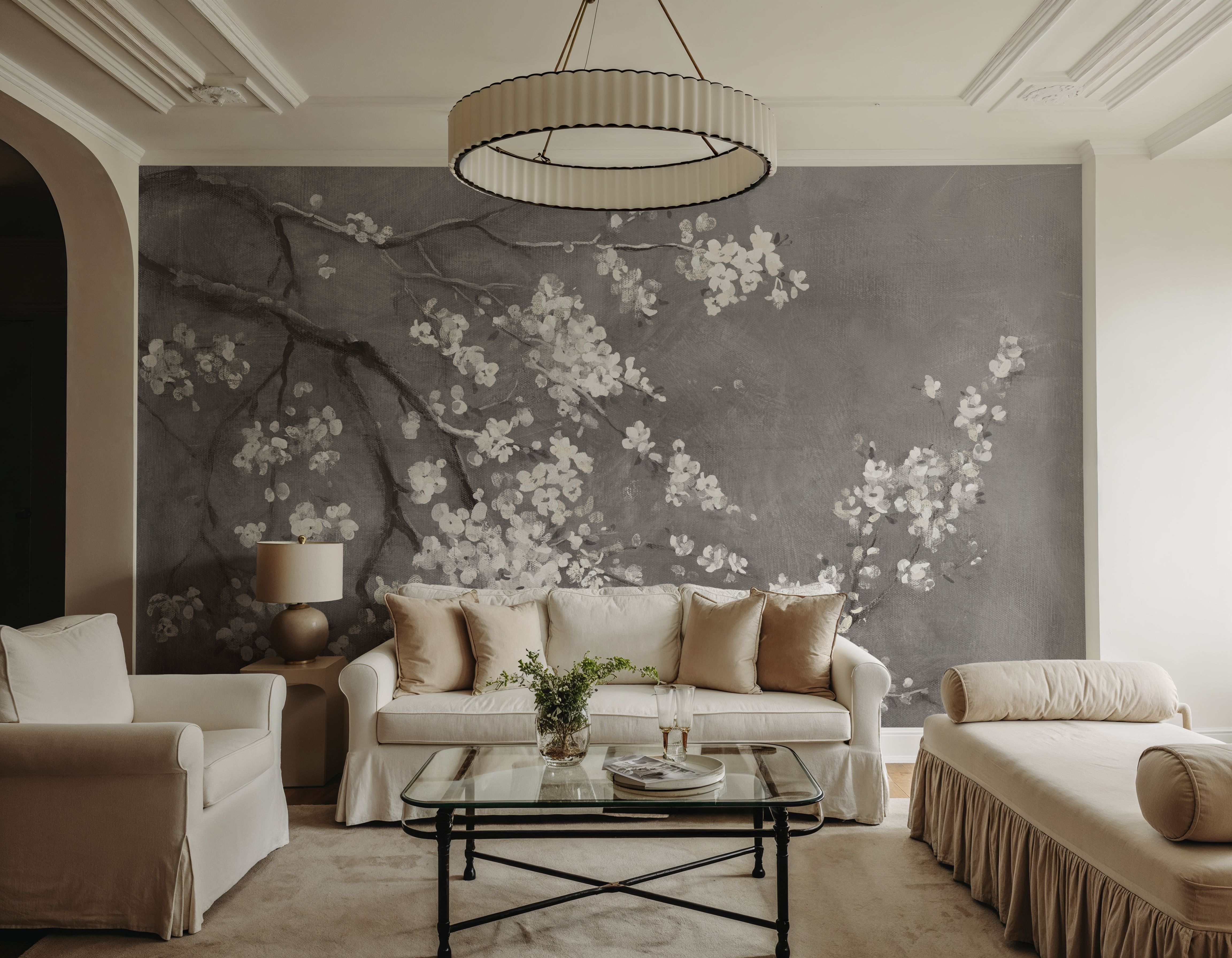 White Cherry Blossoms I on Grey