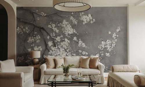White Cherry Blossoms I on Grey