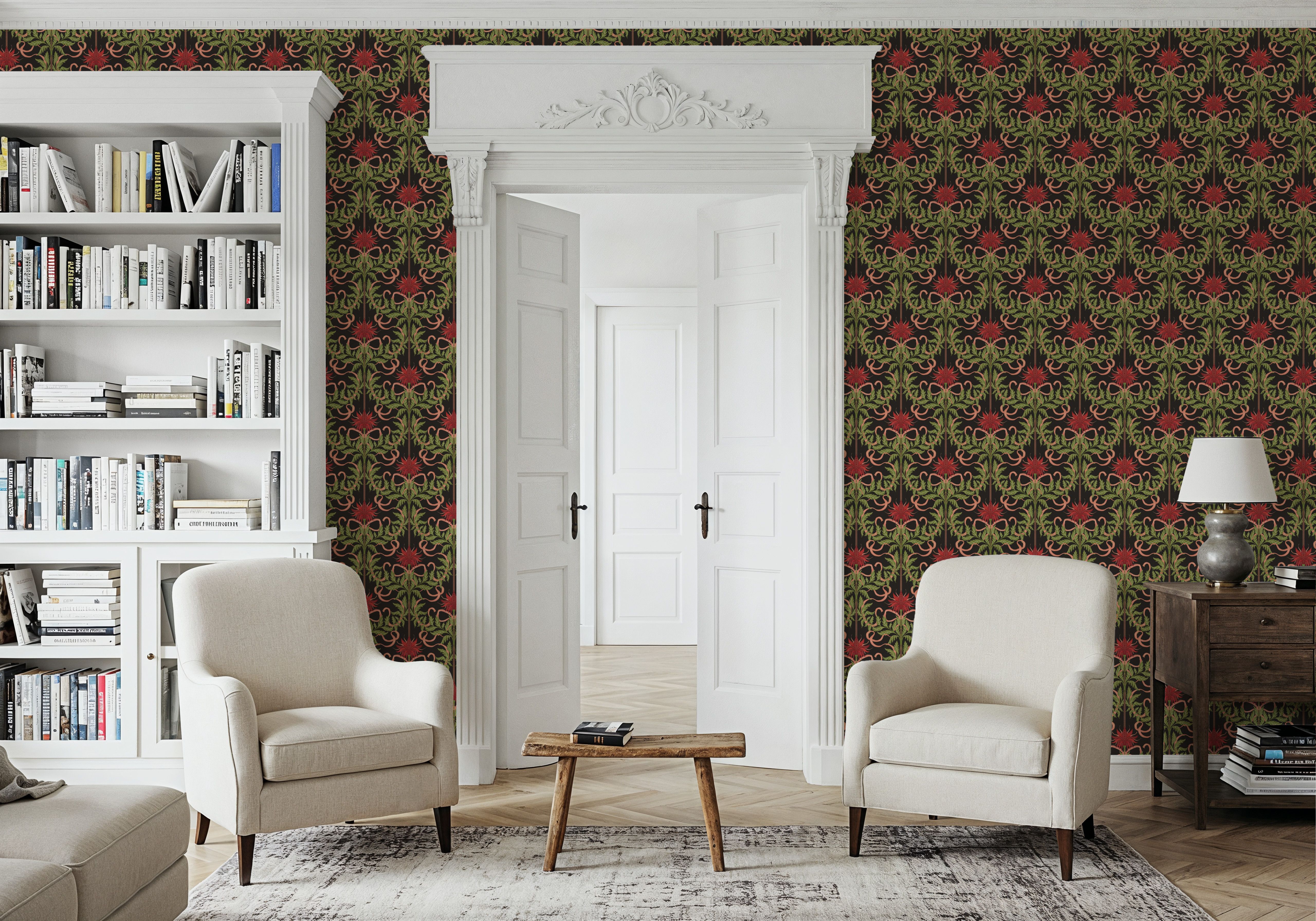 Floral Damask & Bows, Vermilion