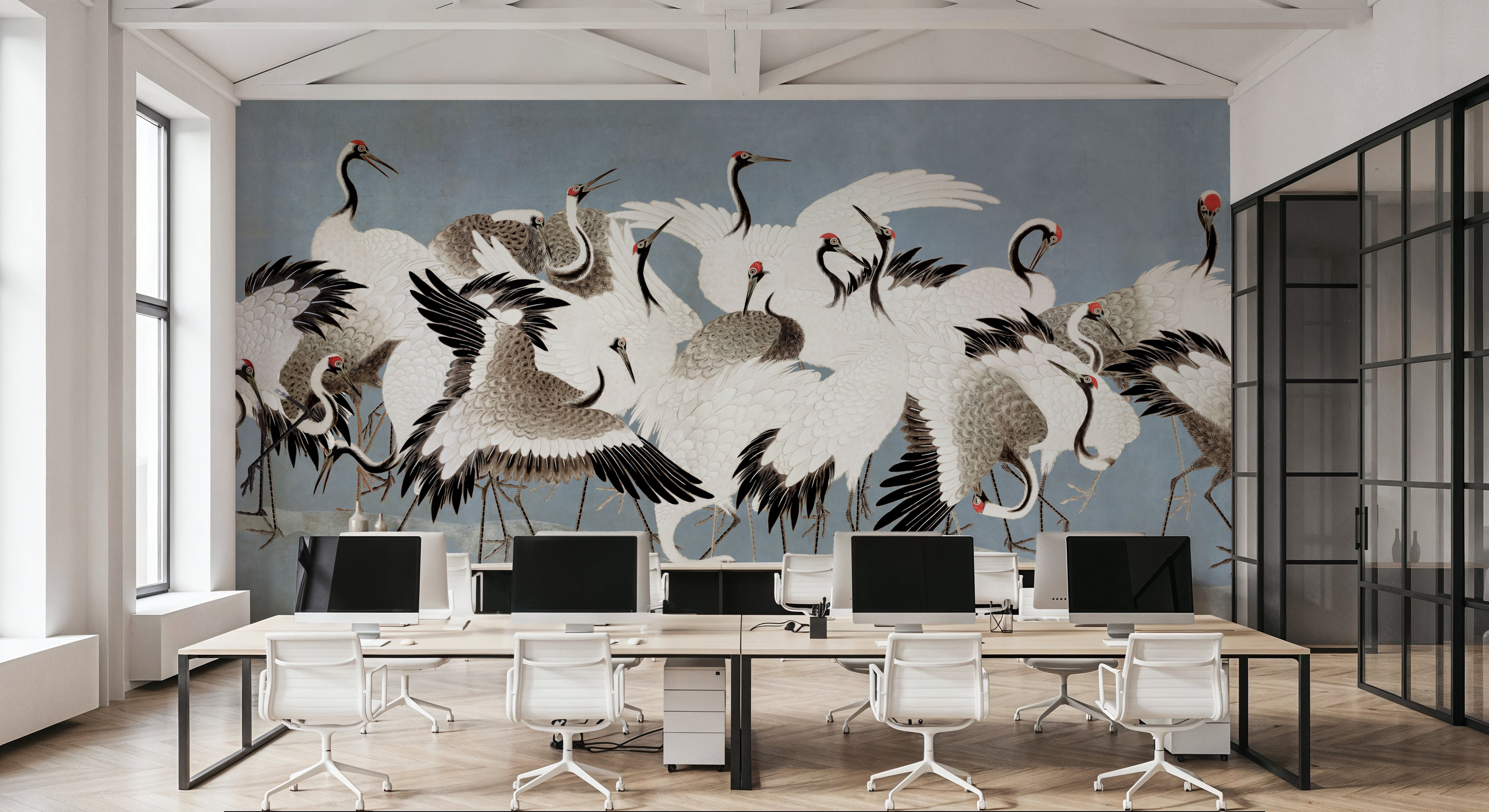 Japanese Flock of Cranes, Misty Sky