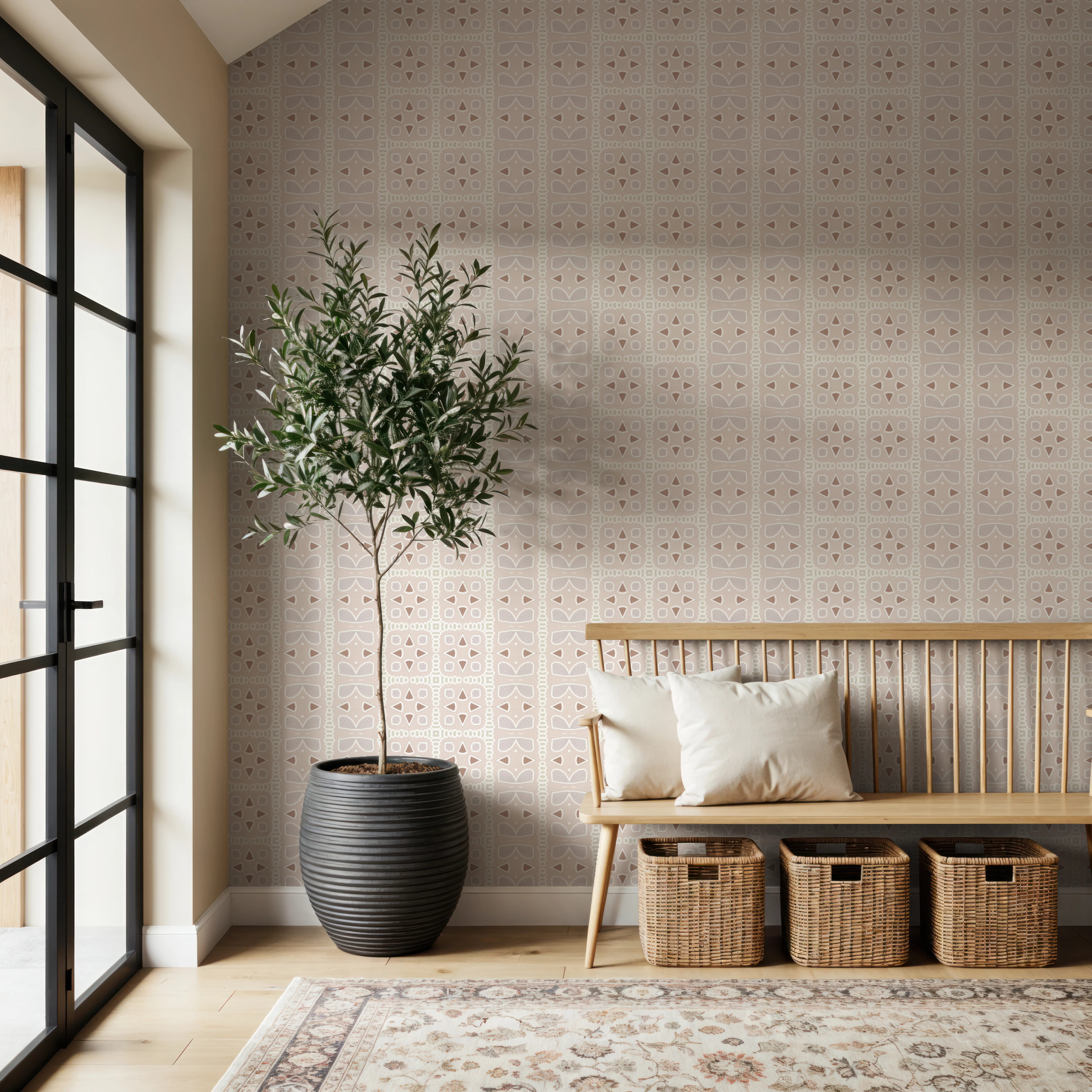 Wallpaper - Zelij All Over - Arts & Crafts Tiles - Brown - Hallway staircases - Wallism UK - Peel & Stick or Paste-the-Wall