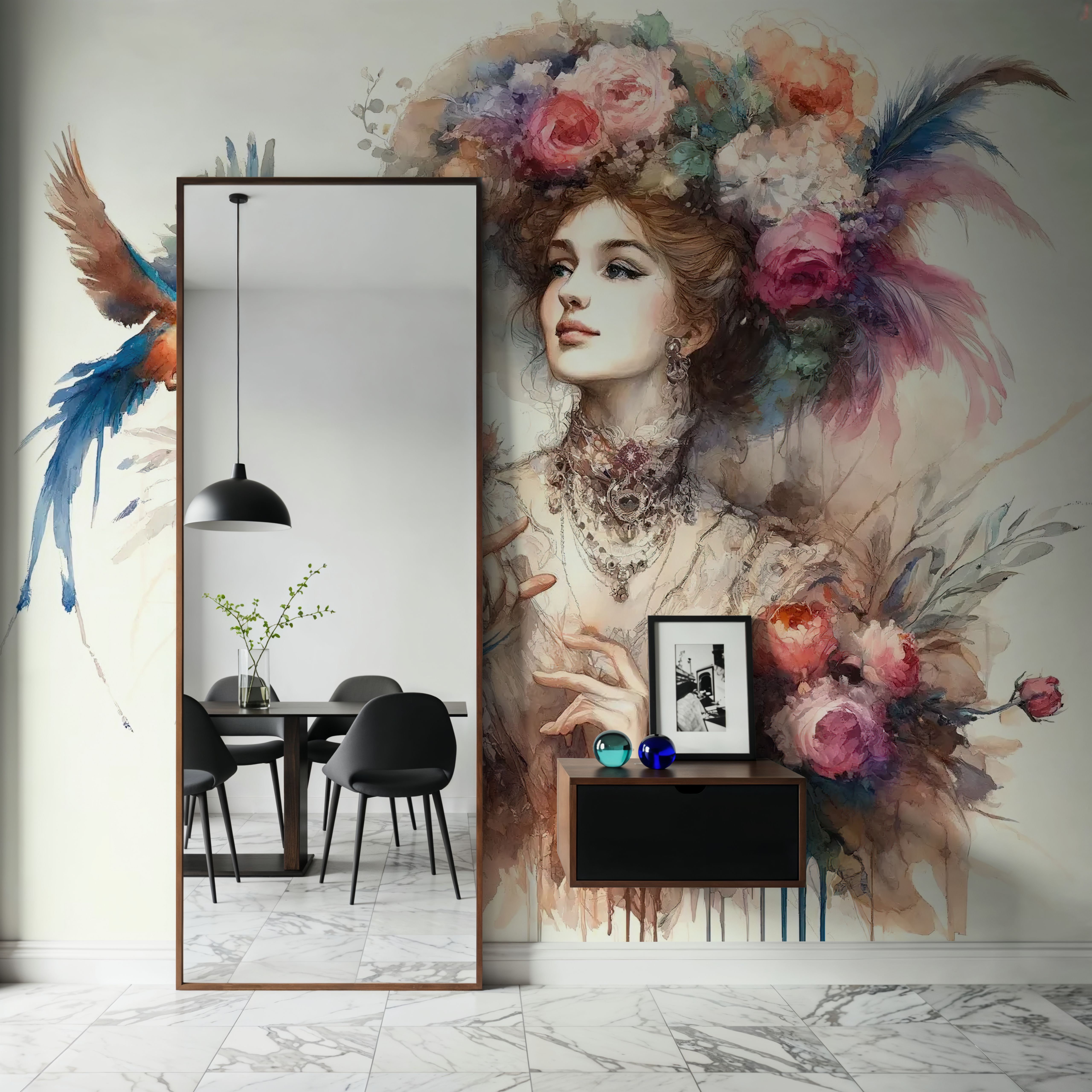 Enchanting Lady Amidst Blooms and Birds