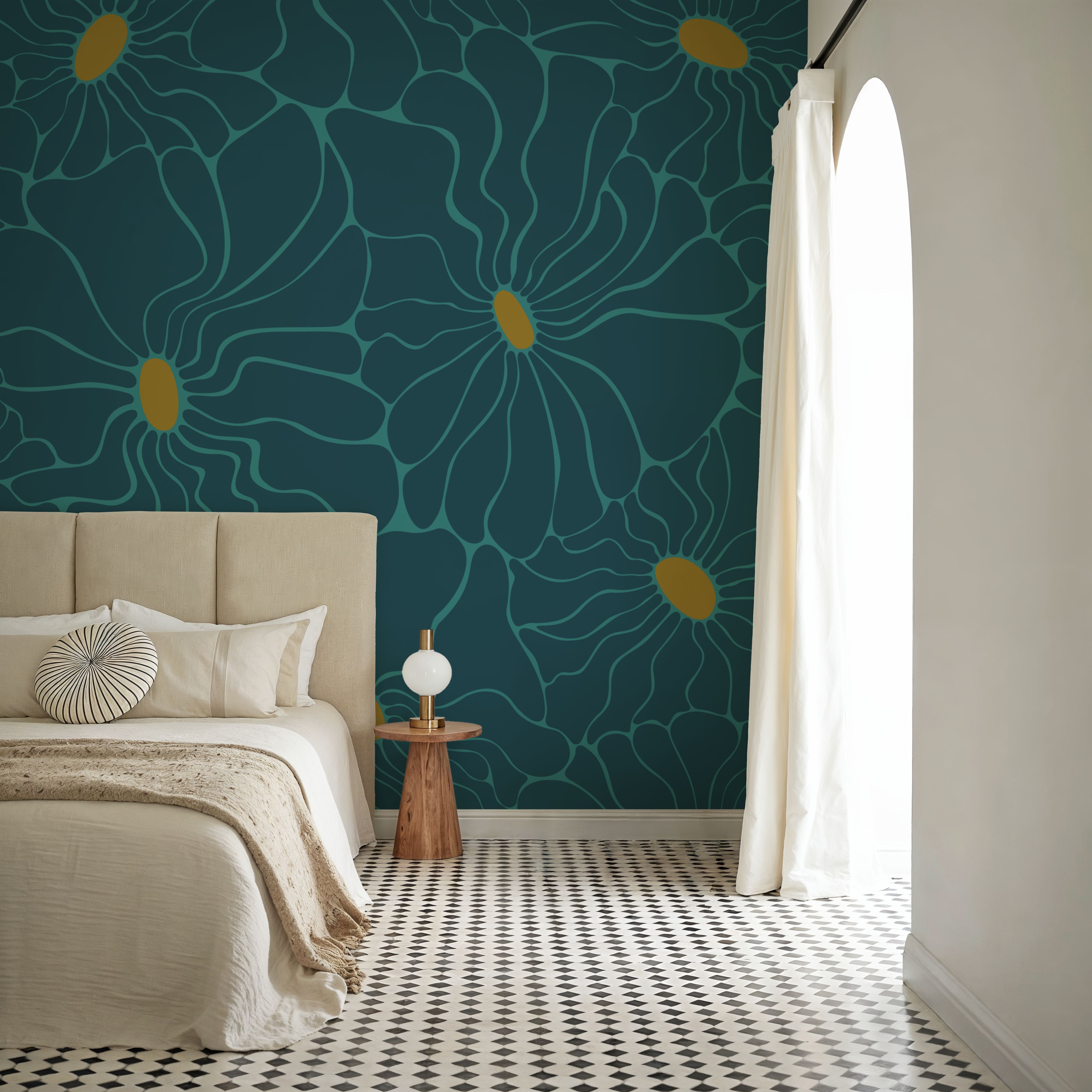 Cool Fluid Flowers Mural, Teal