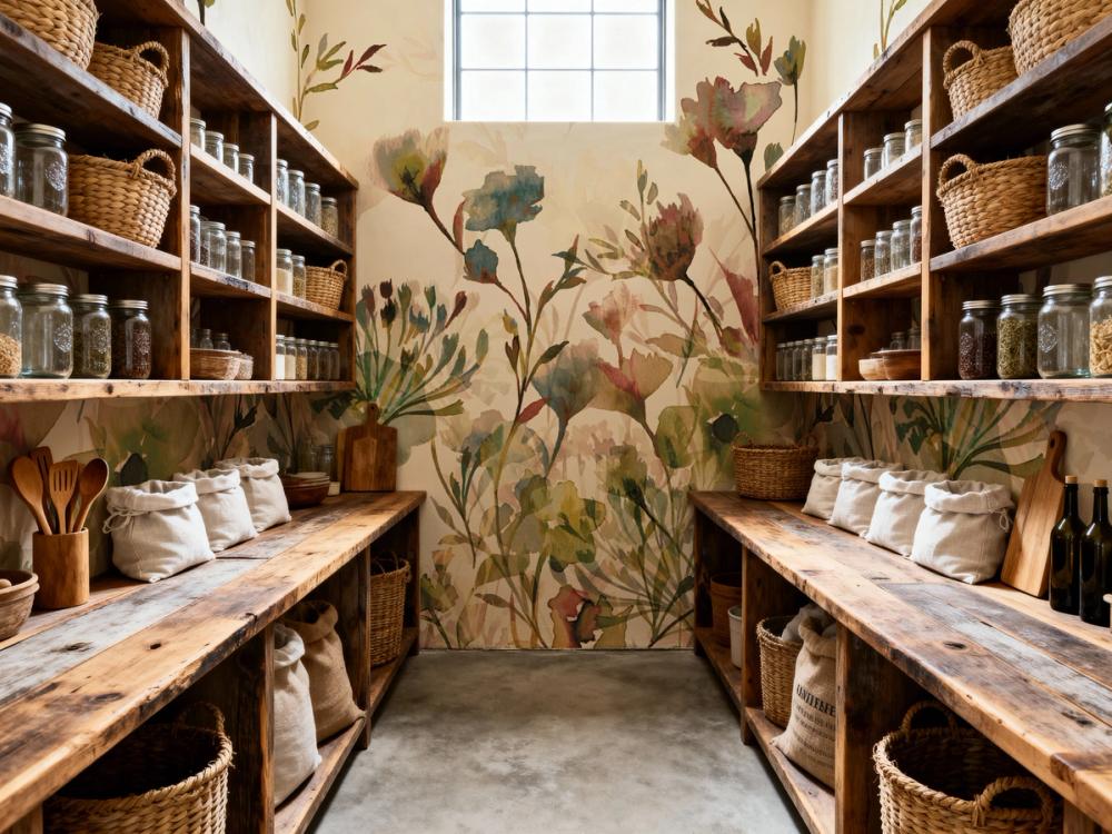 A photo of a farmhouse pantry with shelves, food containers and a watercolor floral motif wallpaper on the walls