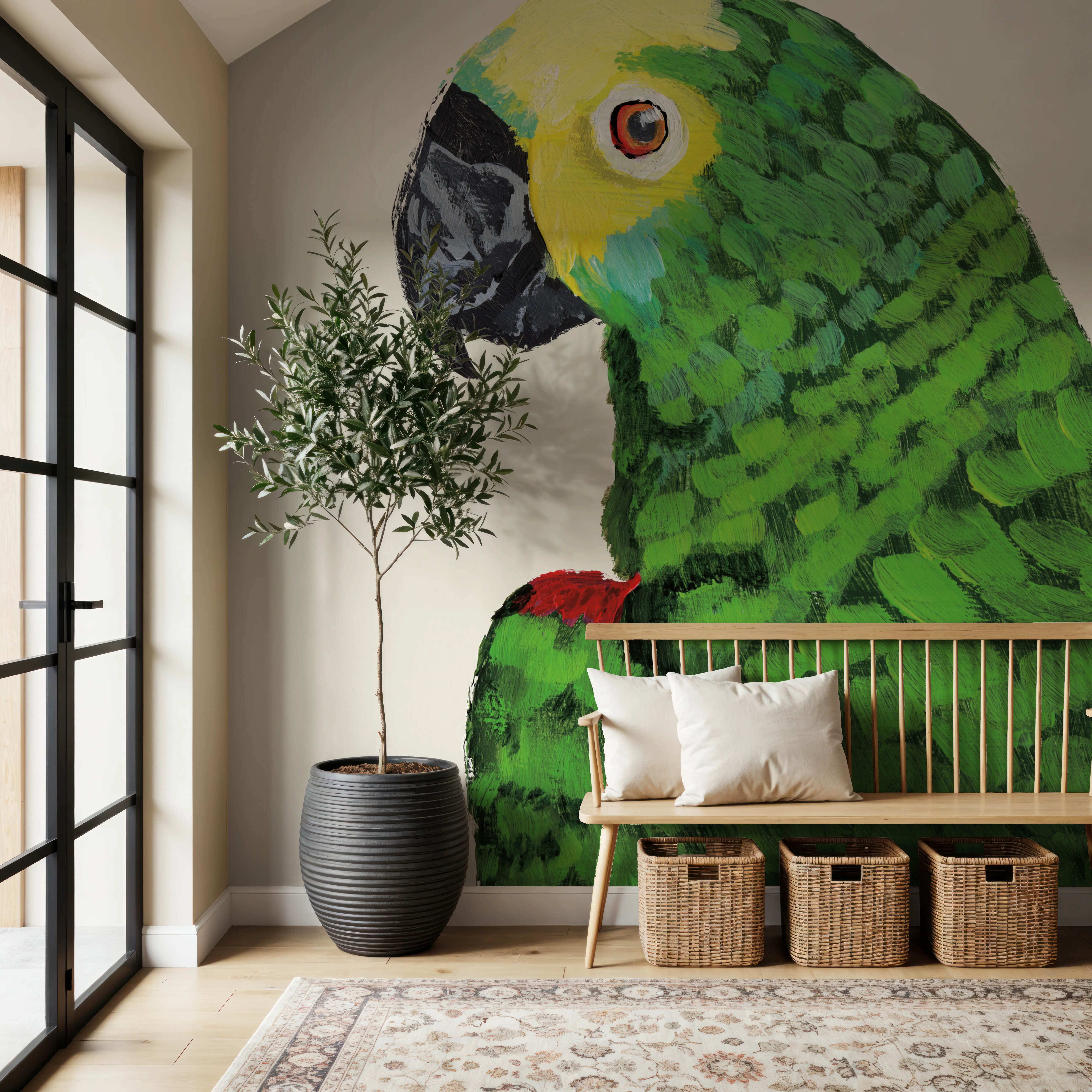 Wall Mural - Parrot Head Light - Birds Animals mural wallpaper - Green - Bedroom - Wallism UK - Peel & Stick or Paste-the-Wall