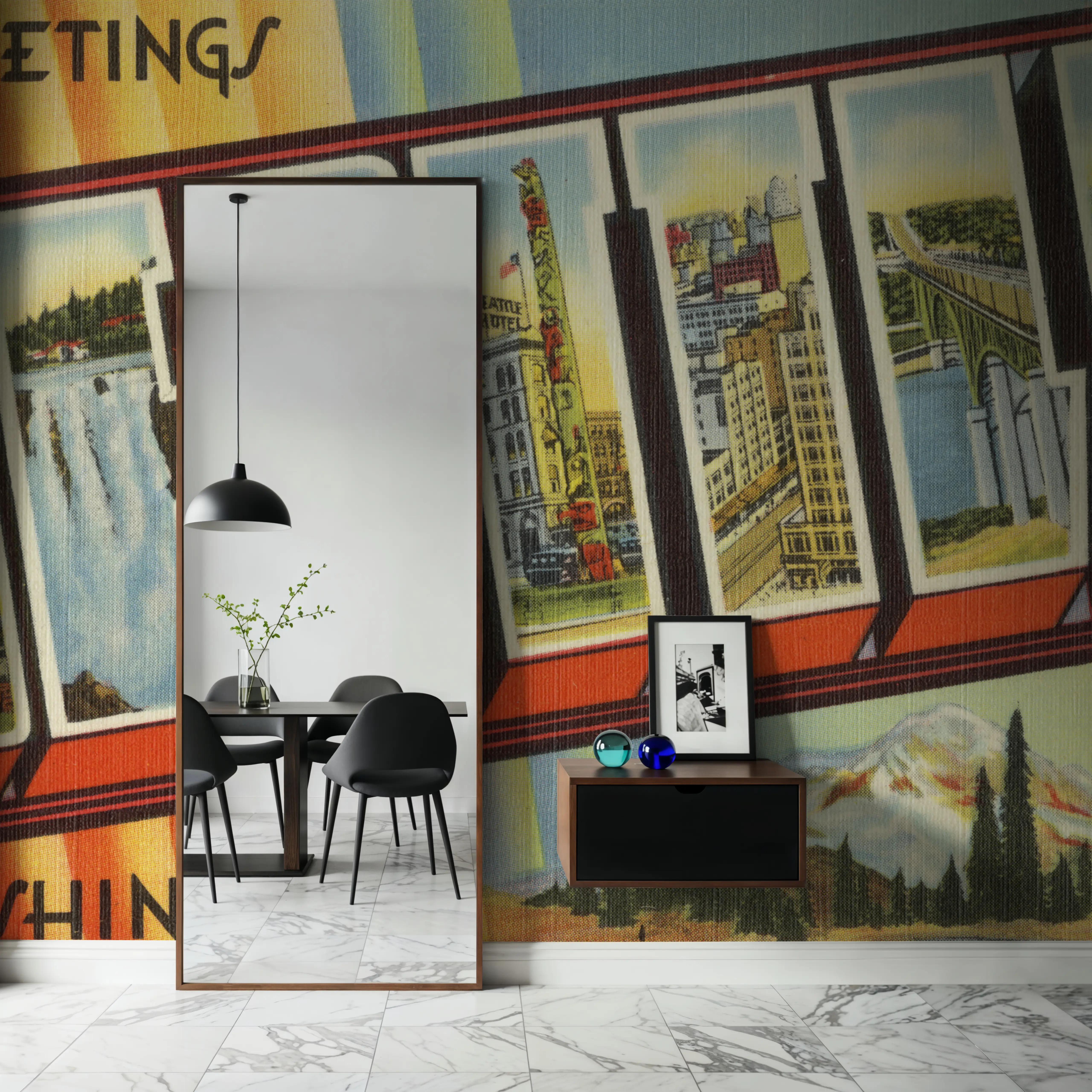 Wall Mural - Greetings from Seattle - Screenprint Postcard - Big Cities Travel & Landmarks mural wallpaper - Orange - Offices - Wallism UK