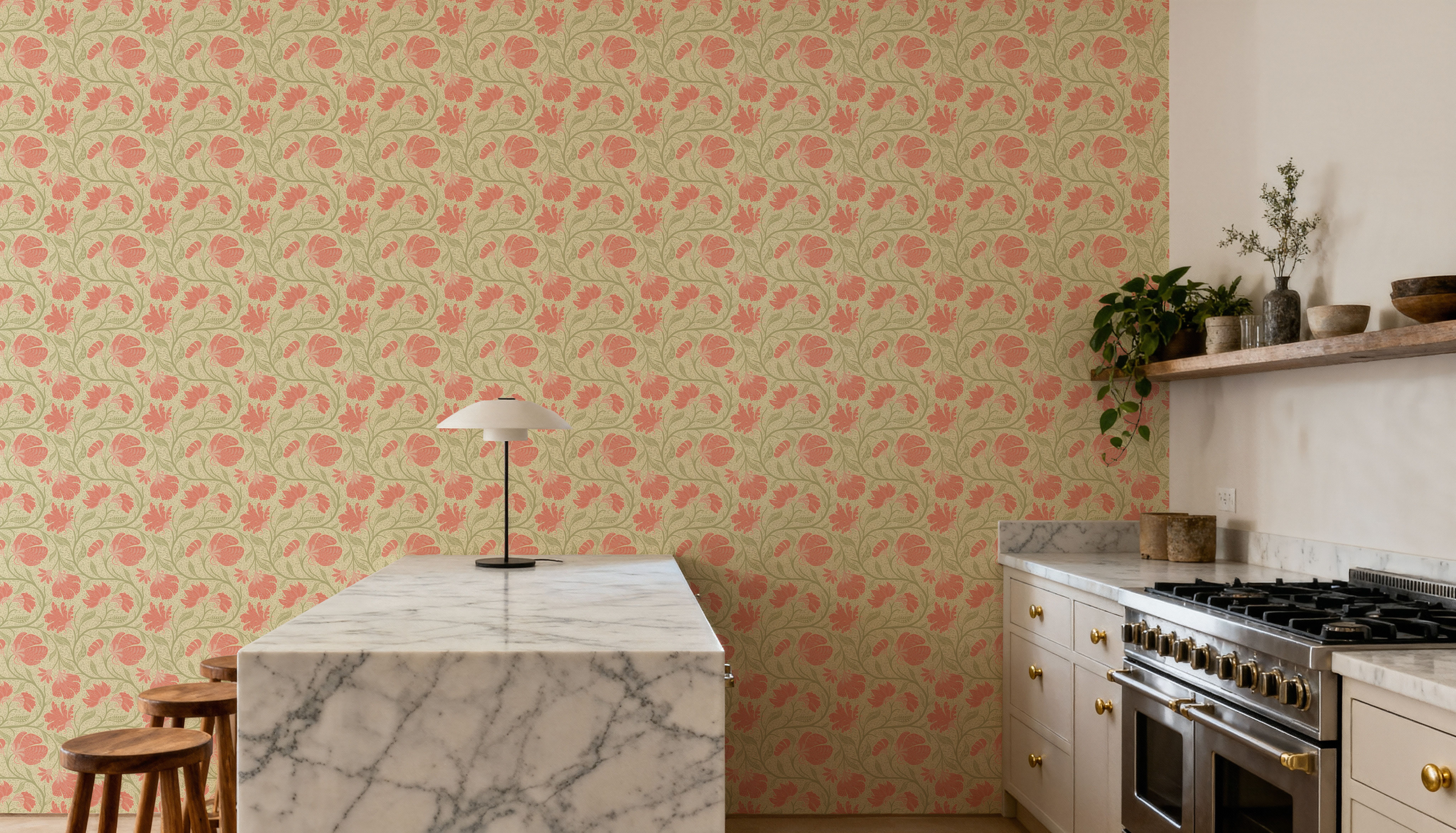 Indial Floral, Peach on Light Green
