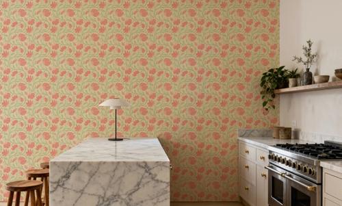 Indial Floral, Peach on Light Green