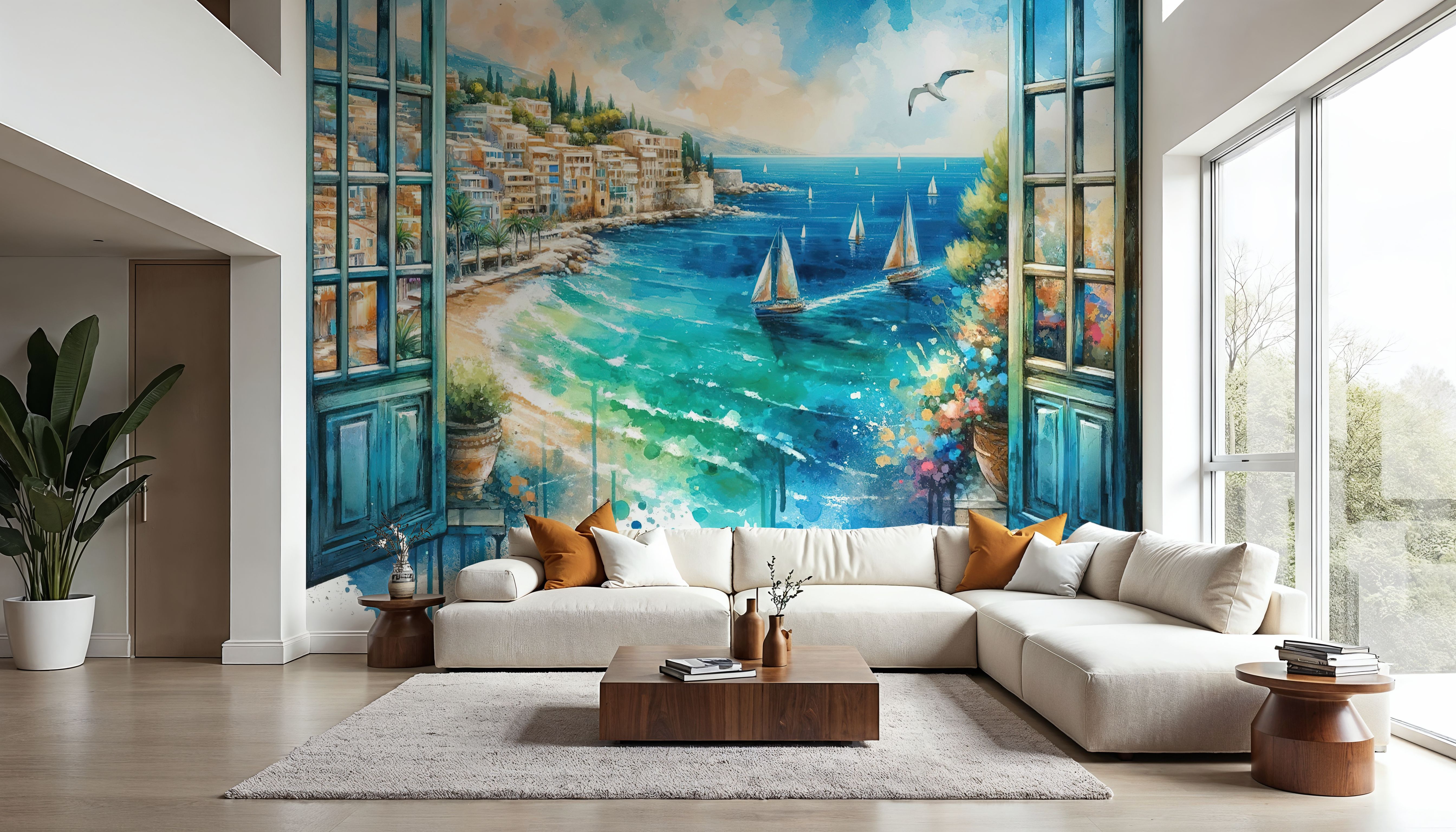 Mediterranean Coastline through Open Window