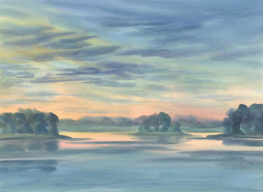 Watercolor Twilight Lake