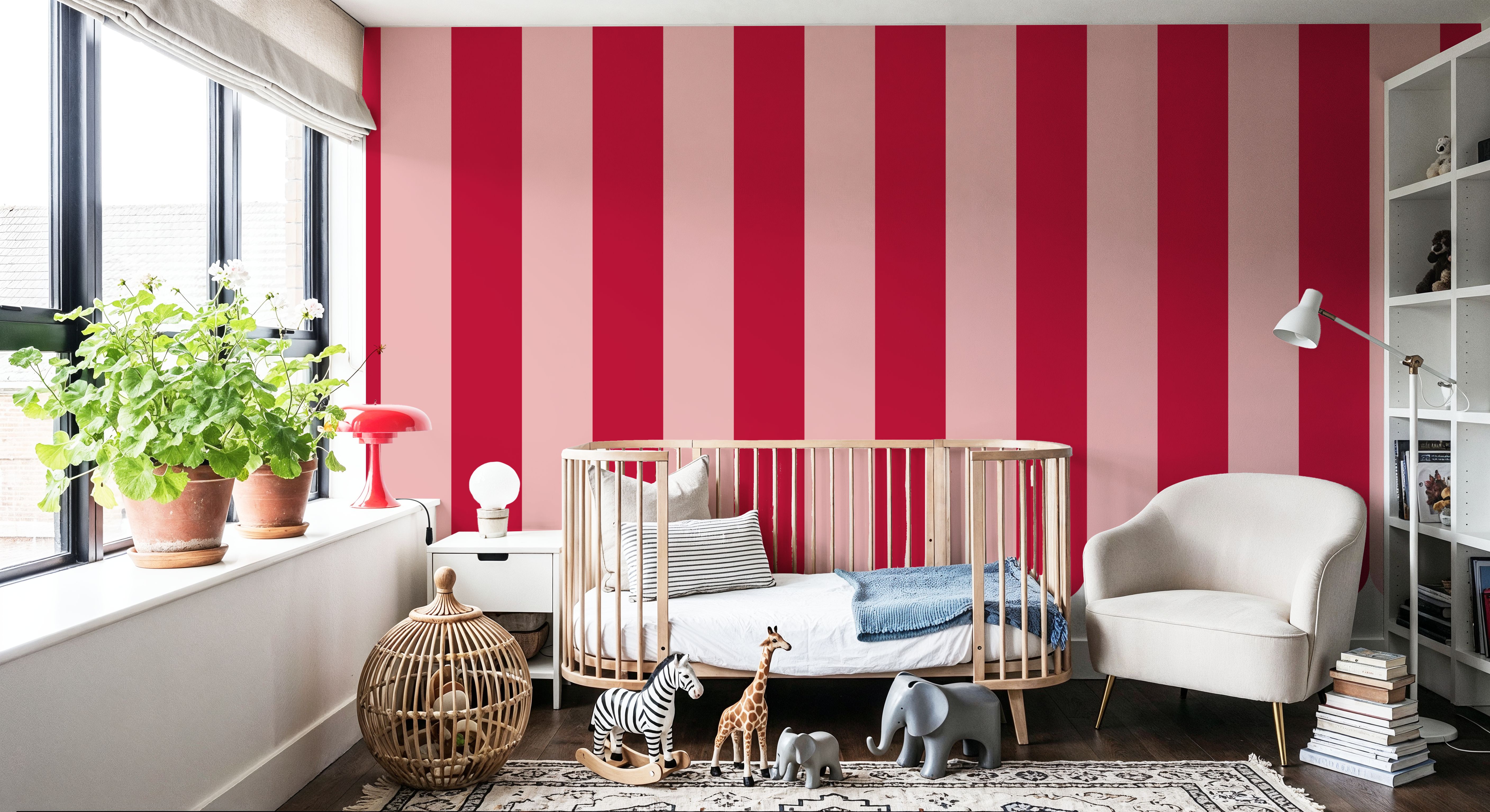 Scalloped Circus Stripes, Red on Pink