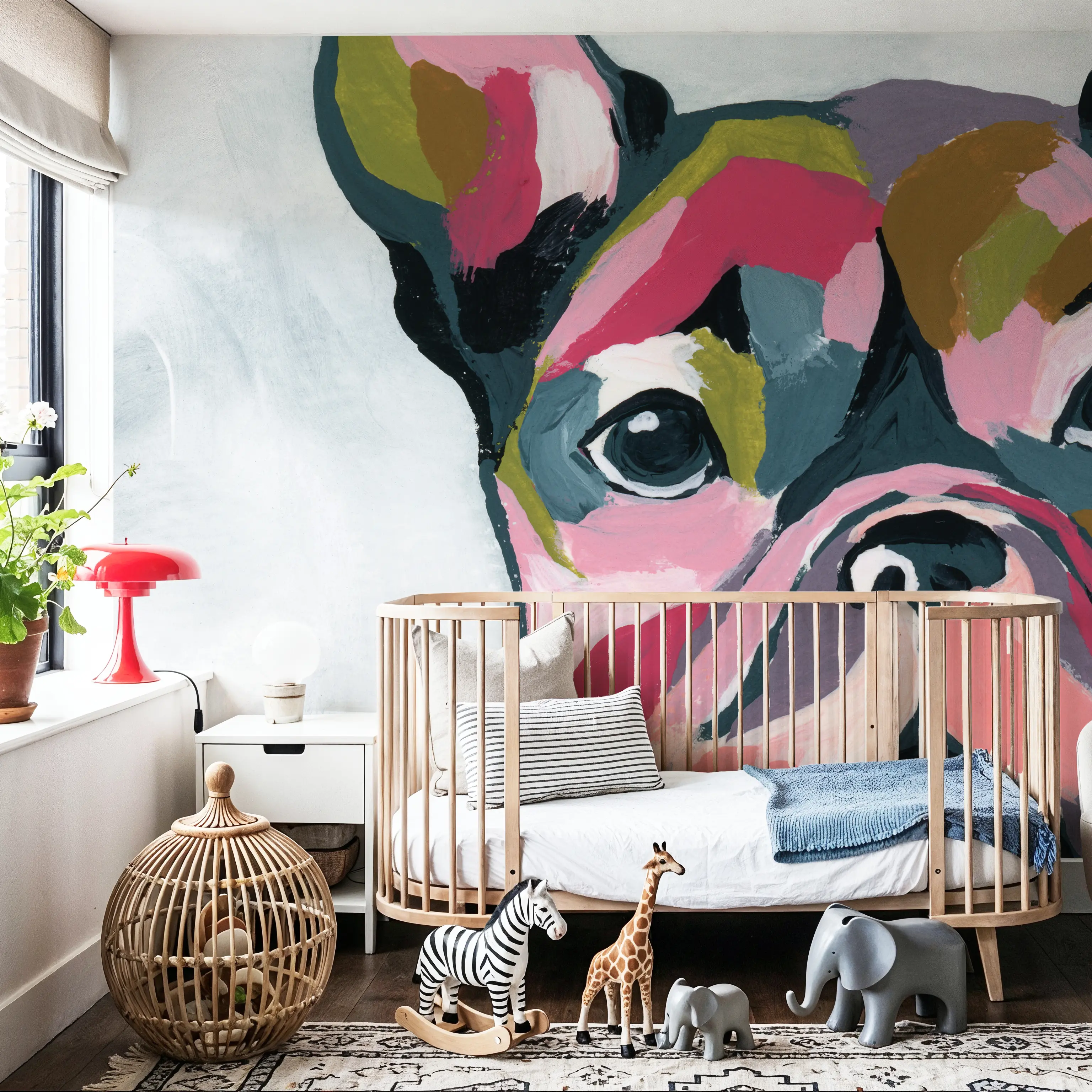 Fotobehang - Abstract French Bulldog - Hedendaagse Kunst Dieren Mural - Roze - Slaapkamers - Wallism Nederland - Zelfklevend of Vliesbehang
