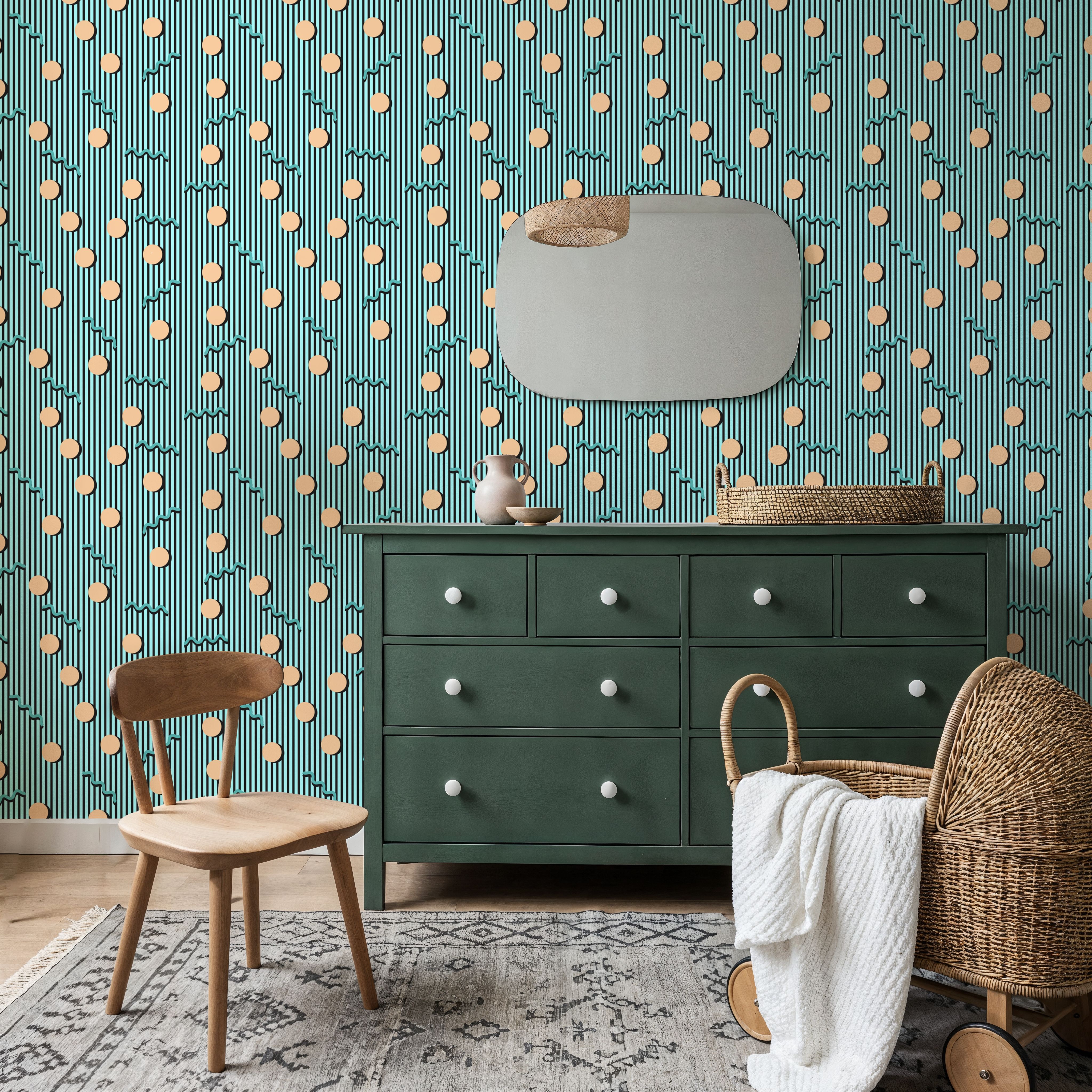 Memphis Dots & Stripes, Cyan, Wallpaper