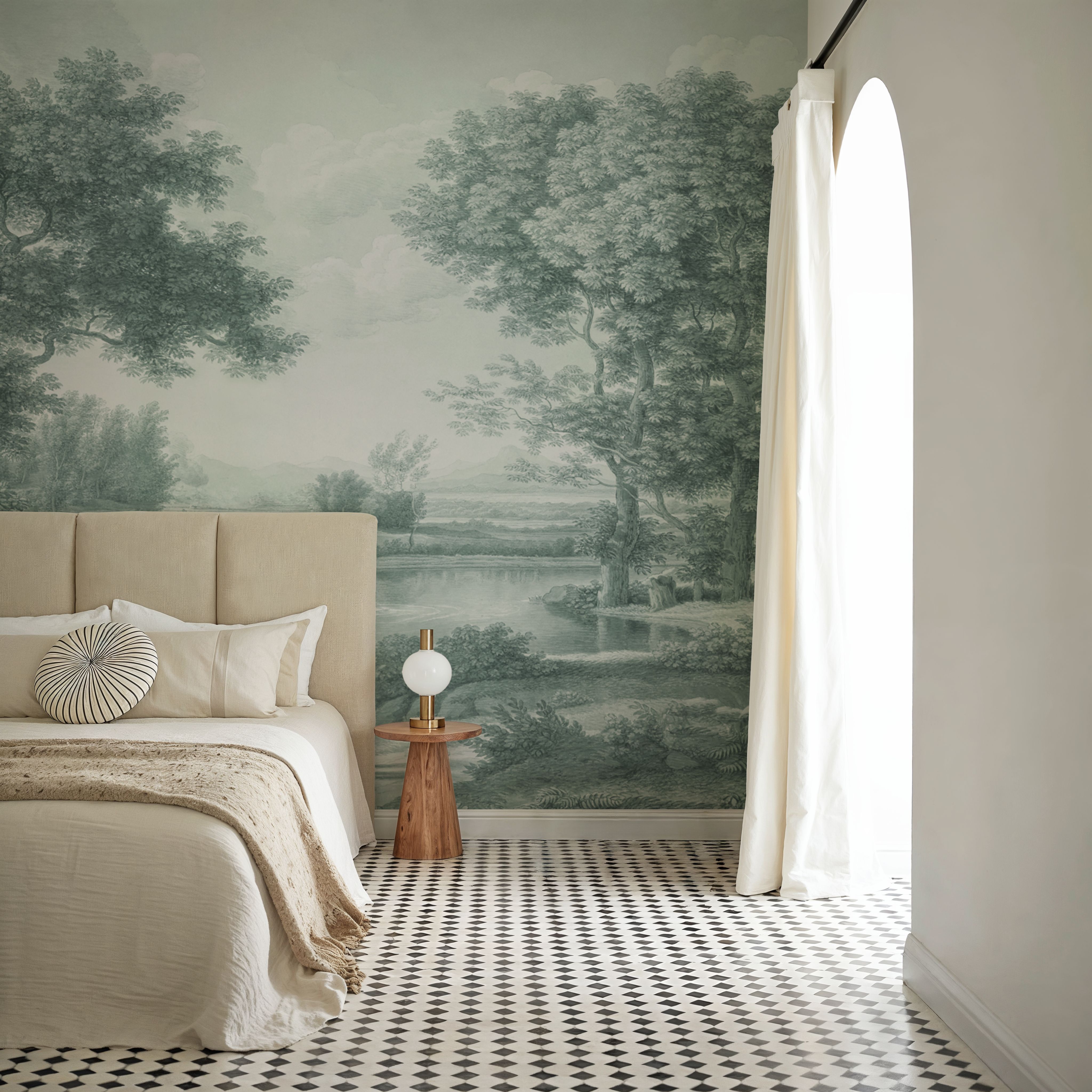 Wall Mural - Riverbank Oak Landscape, Forest Green - Foliage Forest mural wallpaper - Green - Bedroom - Wallism UK - Premium, Textured or Peel & Stick