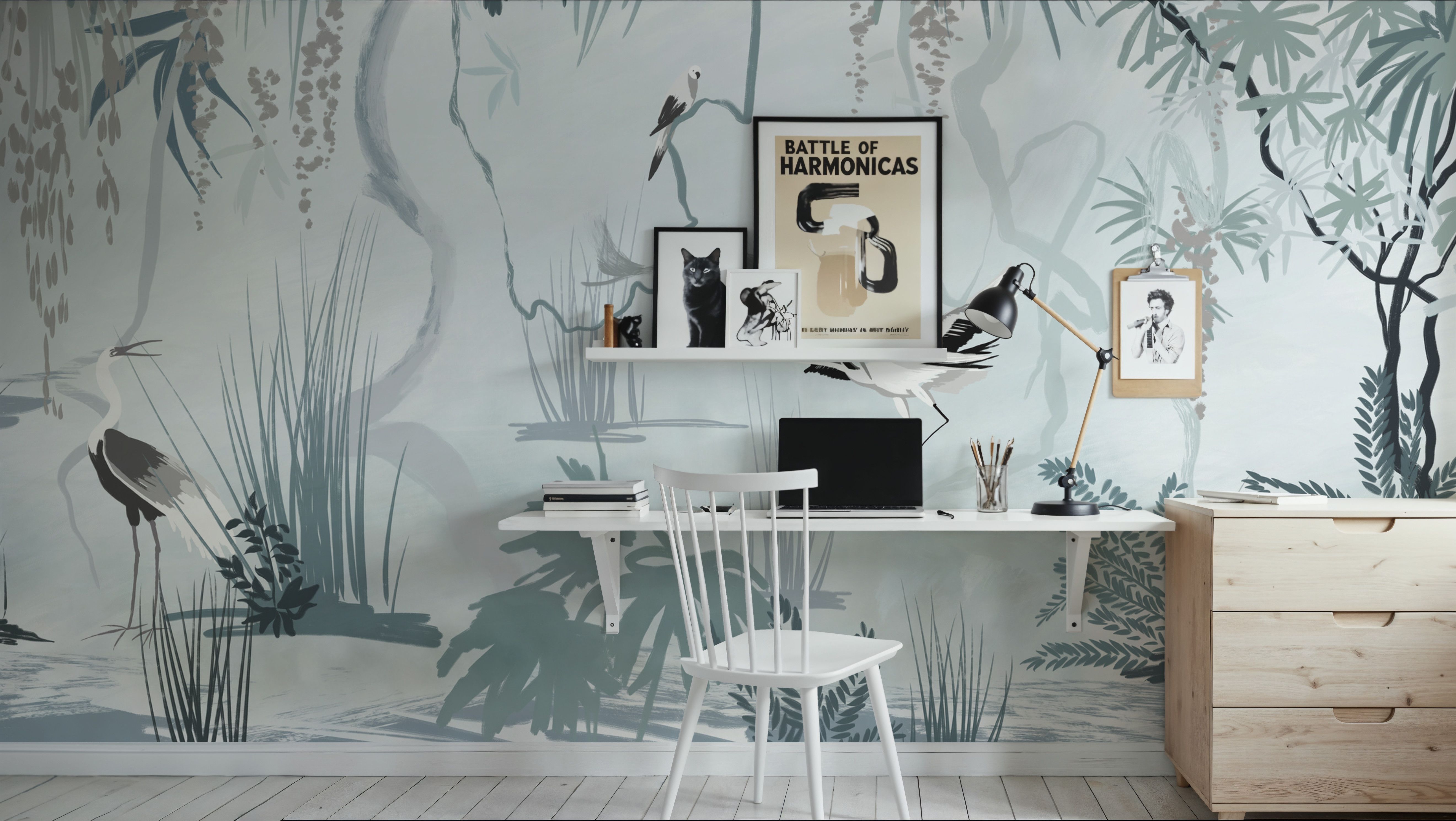 Painted Herons Scenery, Mineral Green