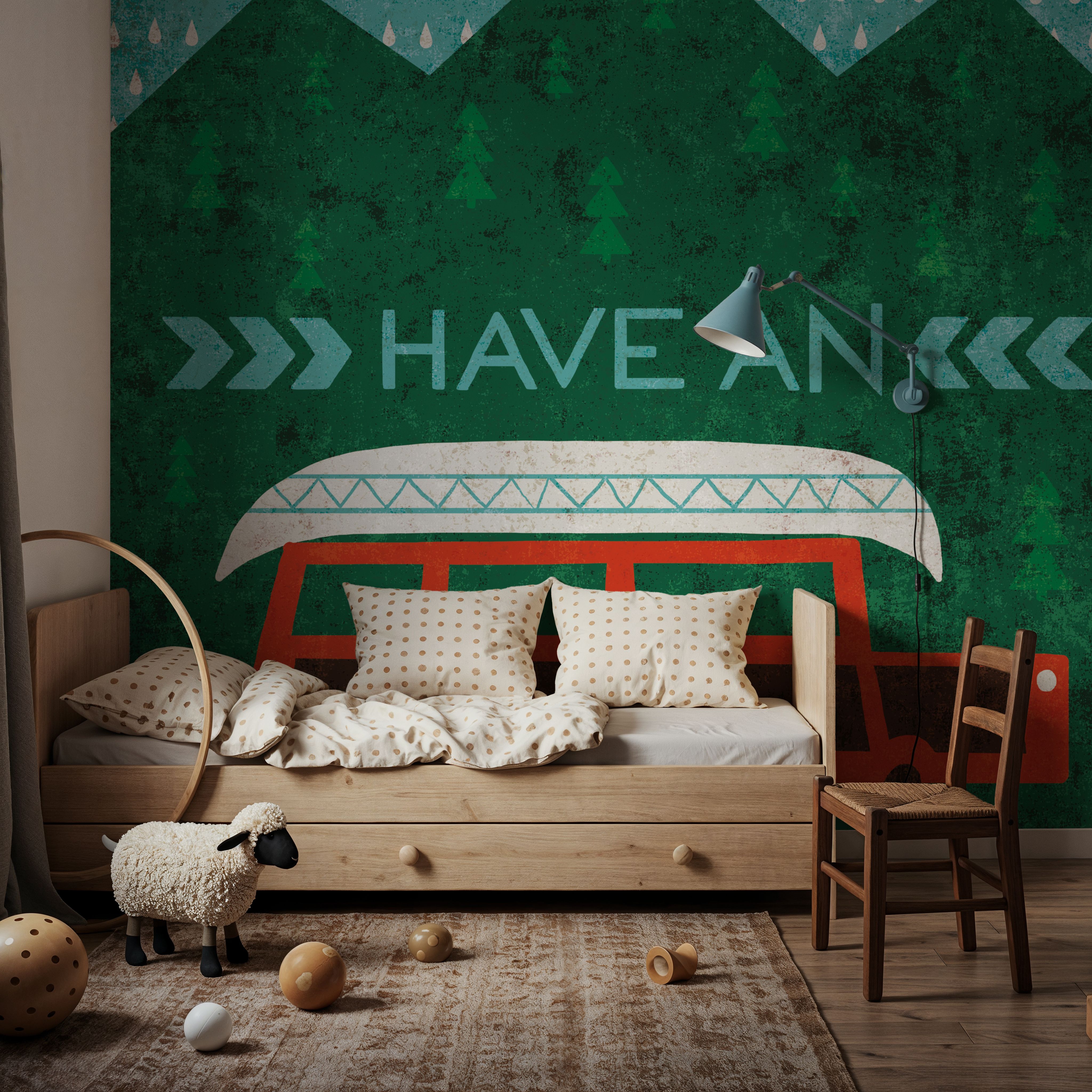 Fotobehang - Happy Camper Canoe - Grafische Kunst Bergen Mural - Groen - Kinderkamer - Wallism Nederland - Zelfklevend of Vliesbehang