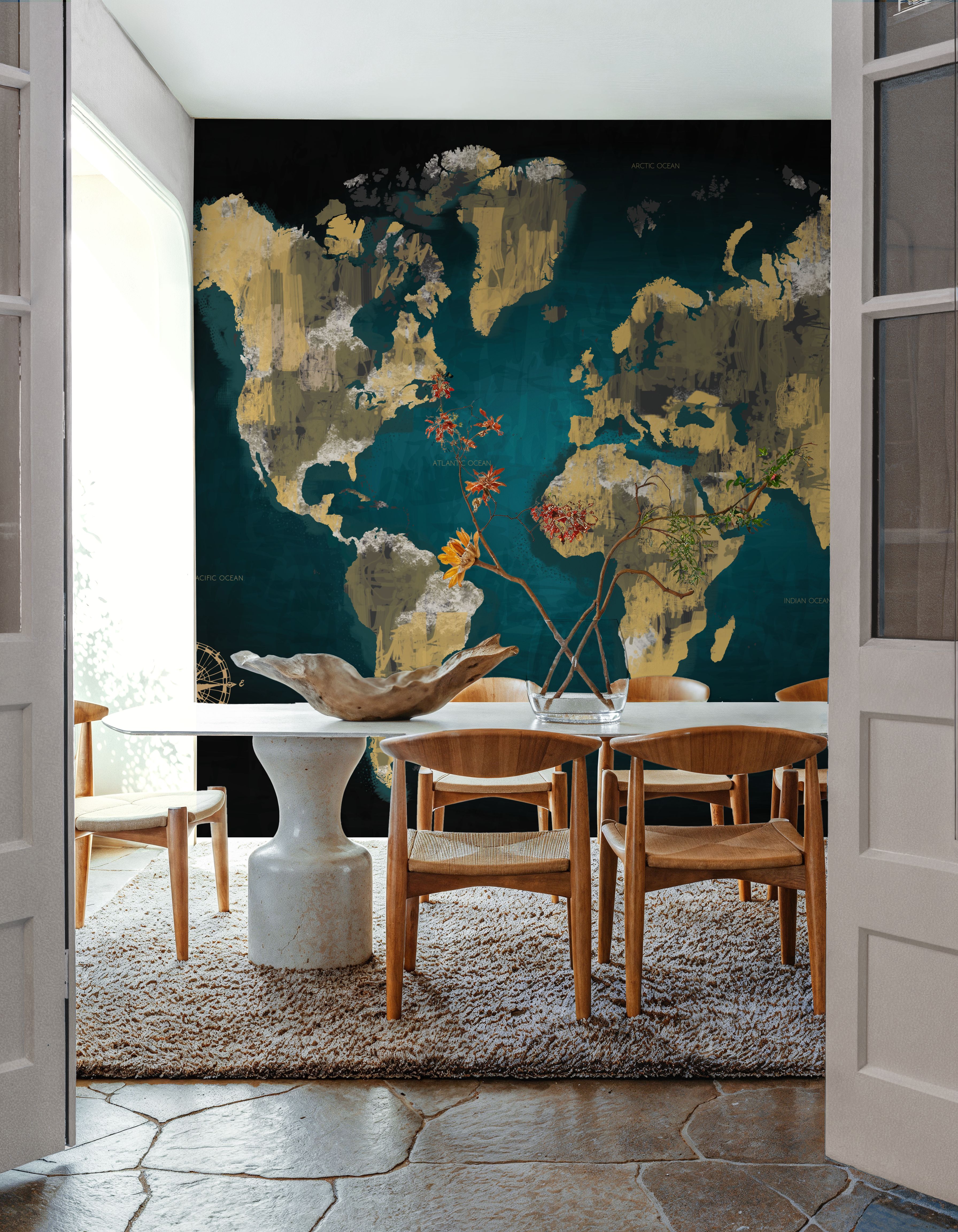 Wall Mural - Sketch World Map - World mural wallpaper - Yellow - Living room - Wallism US - Premium, Textured or Peel & Stick
