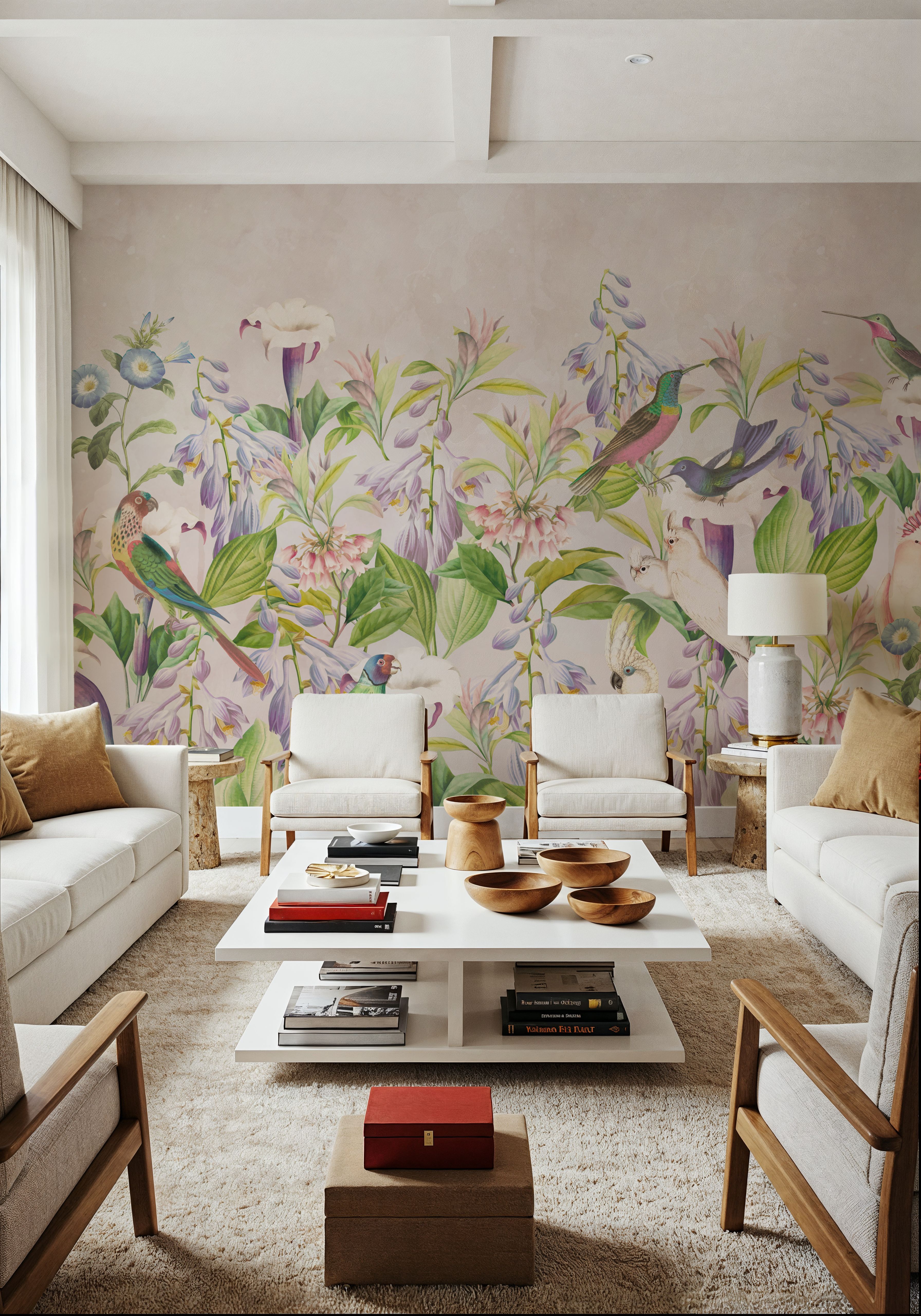 Papier Peint Panoramique - Parrot Garden - Oiseaux Chinoiserie - Vert - Salle à manger - Wallism Belgique - Encollage au mur ou Autocollant