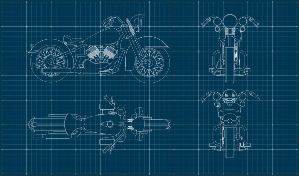 Blueprint drawing of a motorcycle