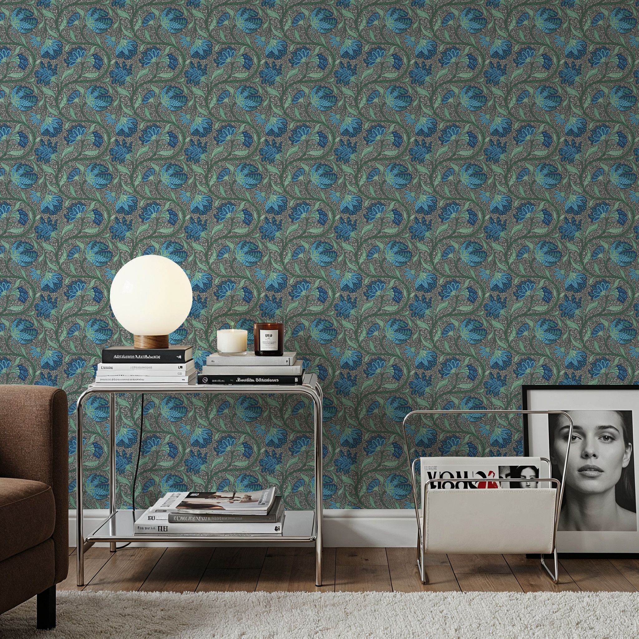 Indial Floral, Teal on Slate