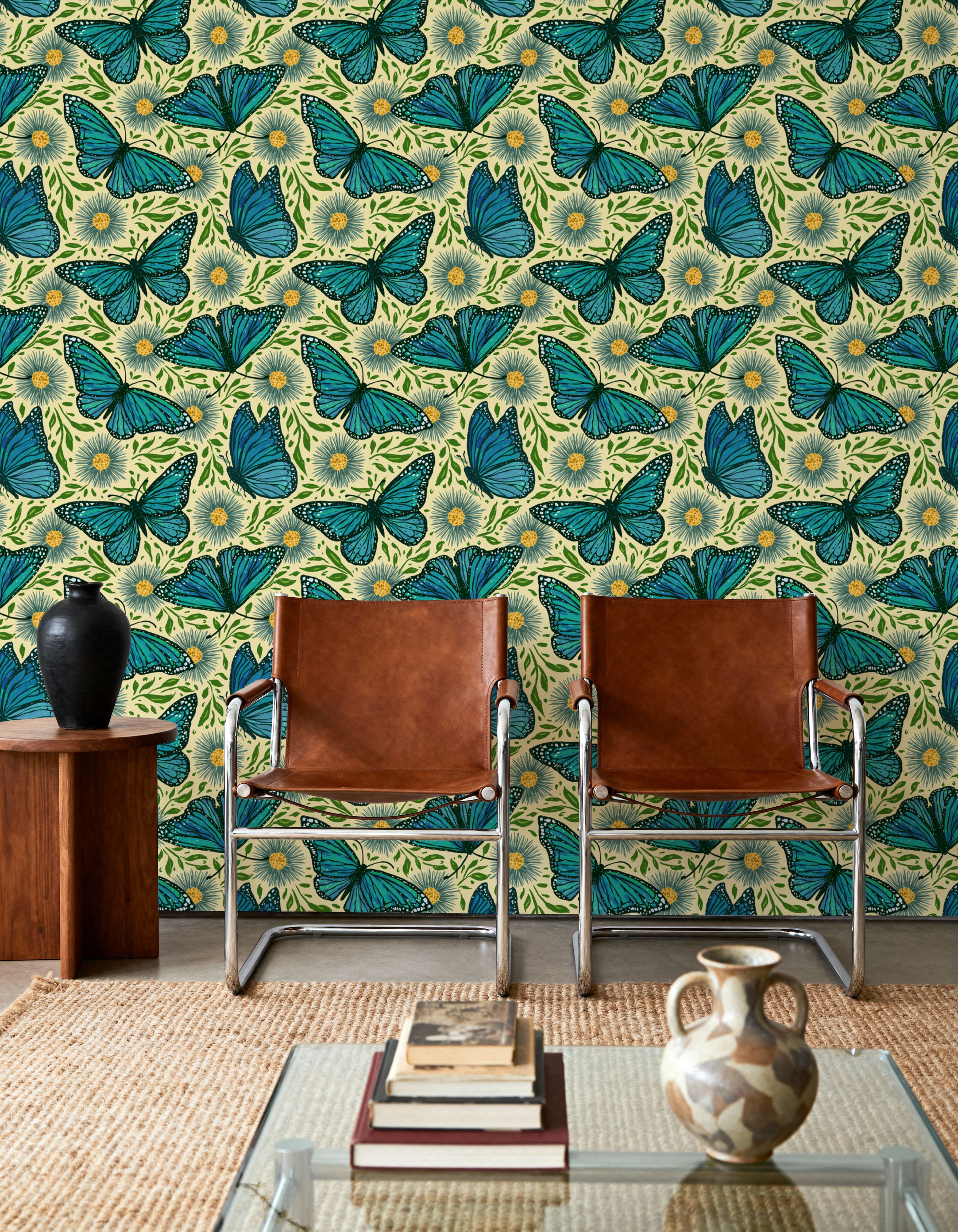 Papillion II, Aqua on Cream